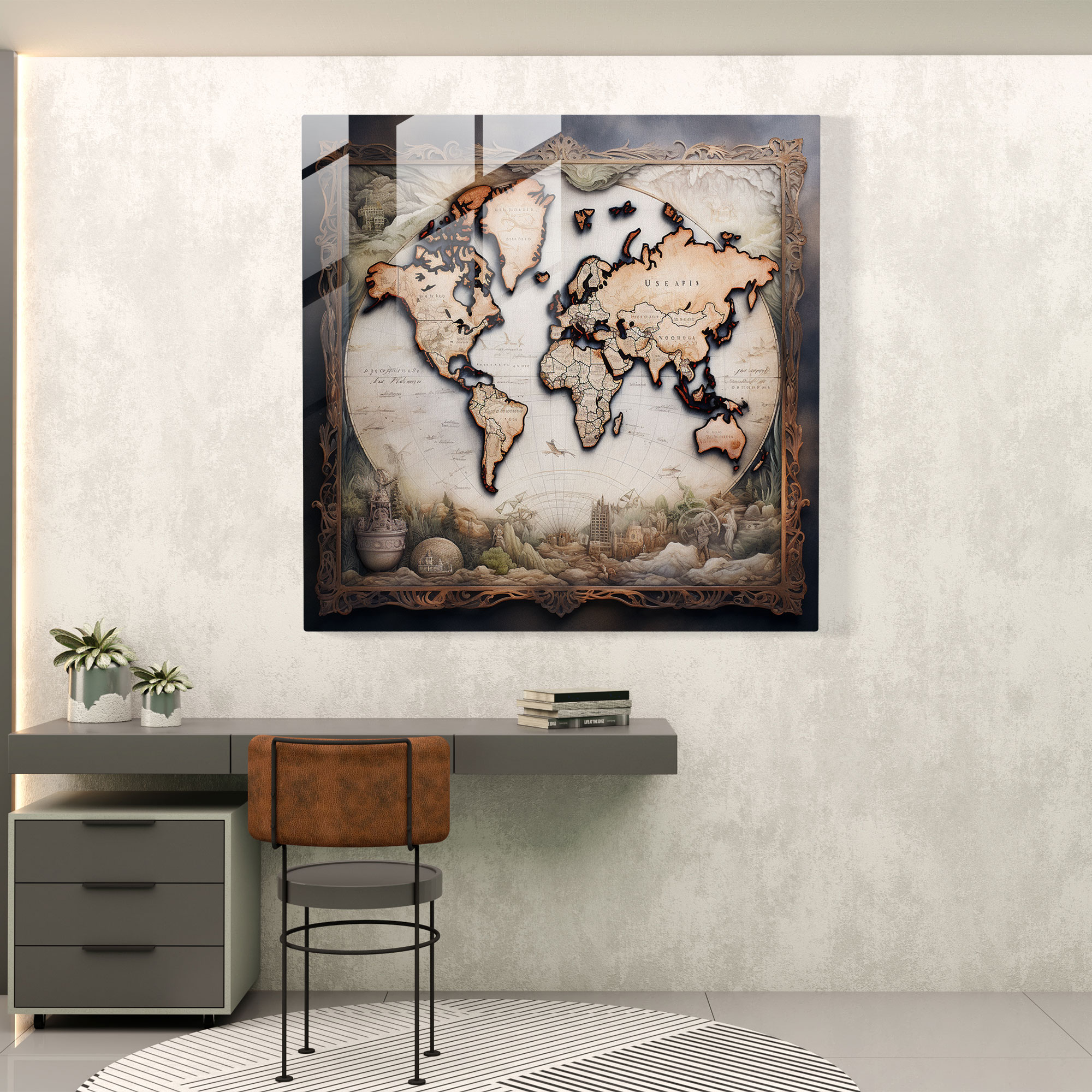 World Map Glass Print - Calligraphy And Mixed Media - World Map, Home Decoration, Glass Print, World Map