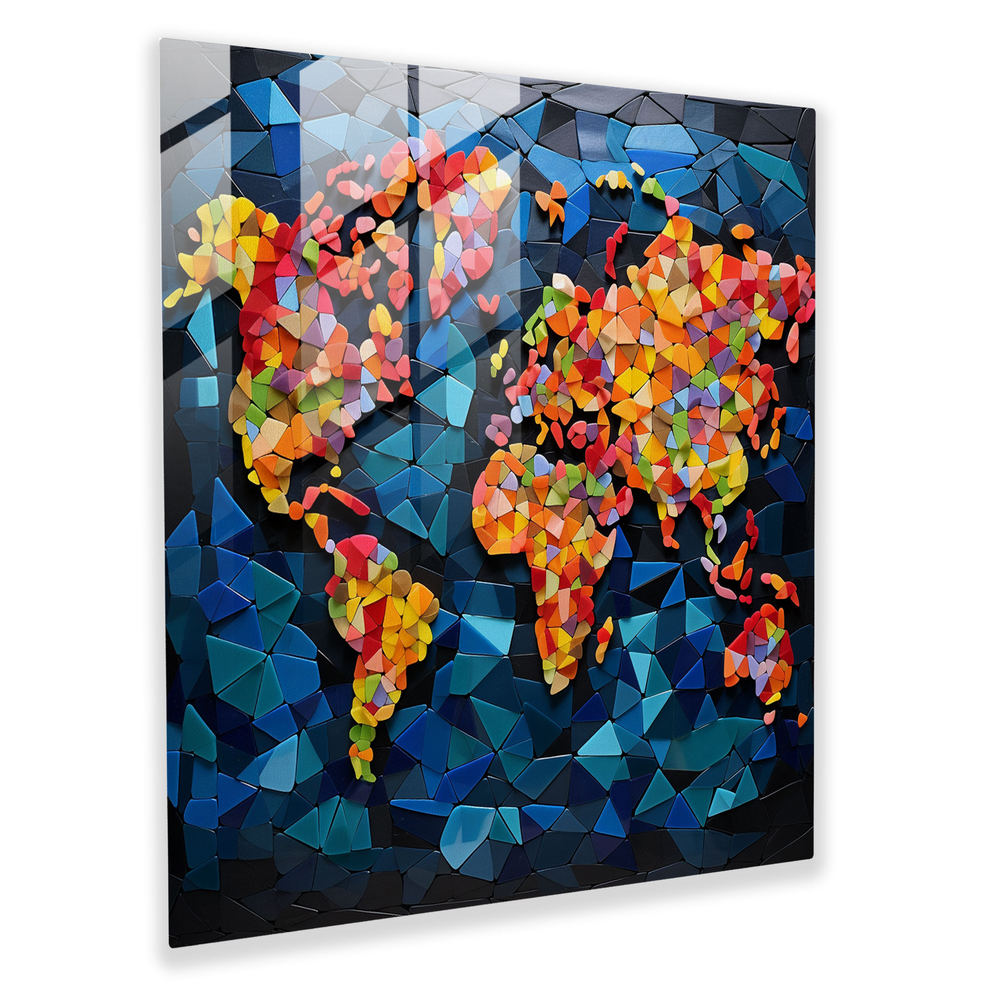 Geometric World Map Glass Print - World Map, Glass Tiles, Wall Decoration, Unique