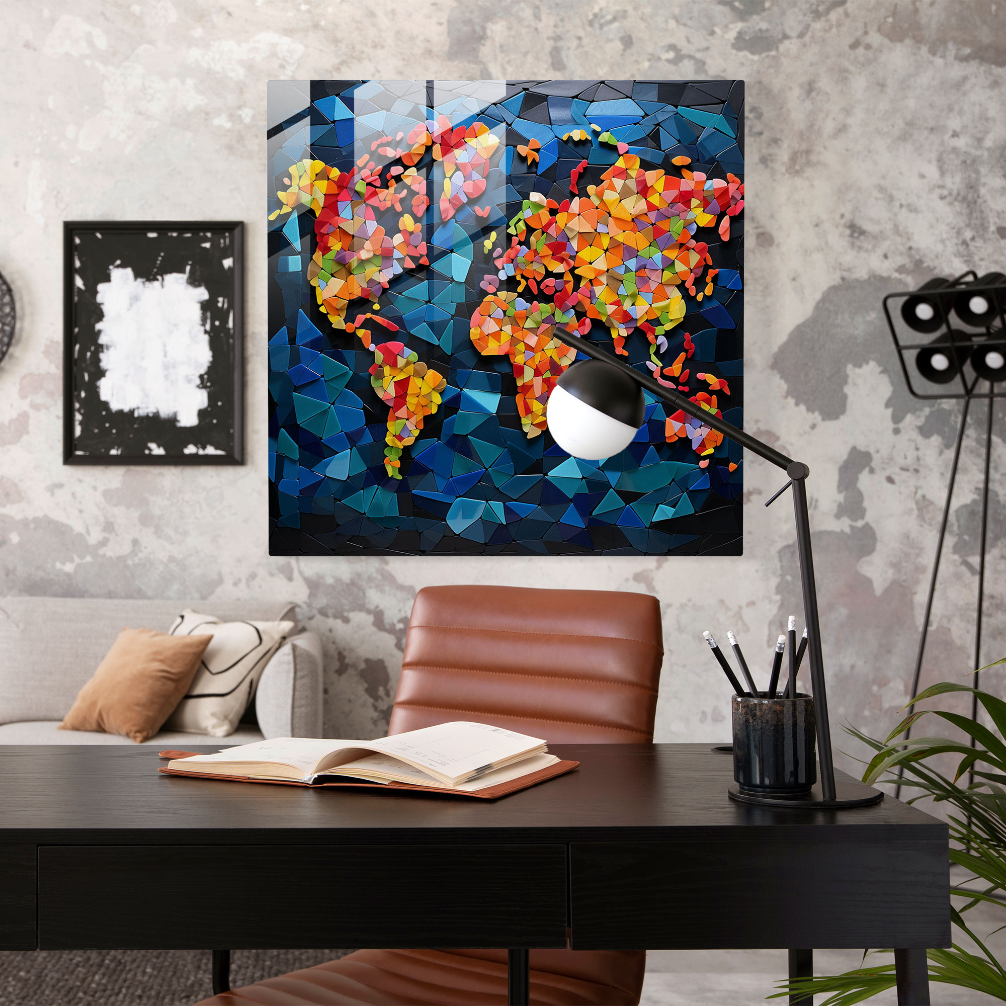 Geometric World Map Glass Print - World Map, Glass Tiles, Wall Decoration, Unique