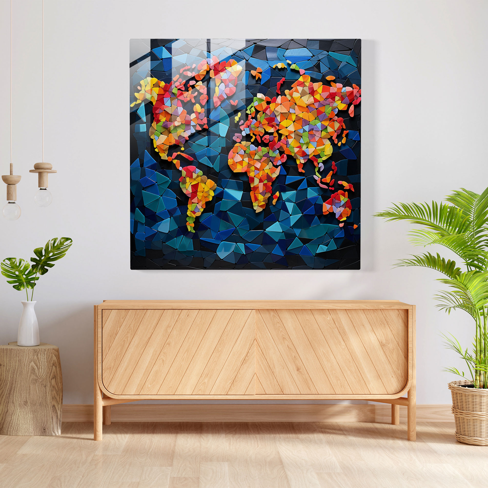Geometric World Map Glass Print - World Map, Glass Tiles, Wall Decoration, Unique