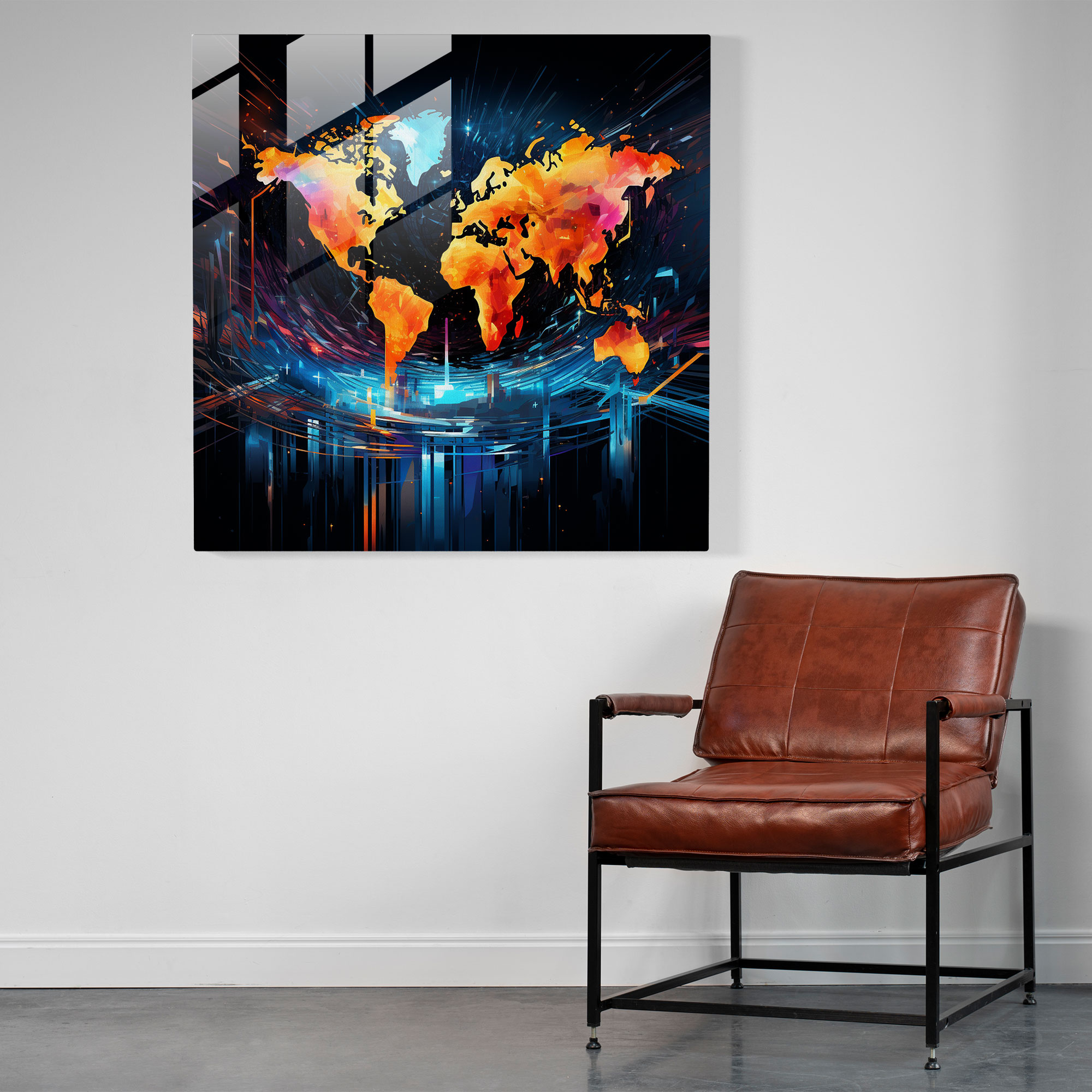 Contemporary World Map Glass Print - World Map, Wall Decoration, Abstract, Modern Art