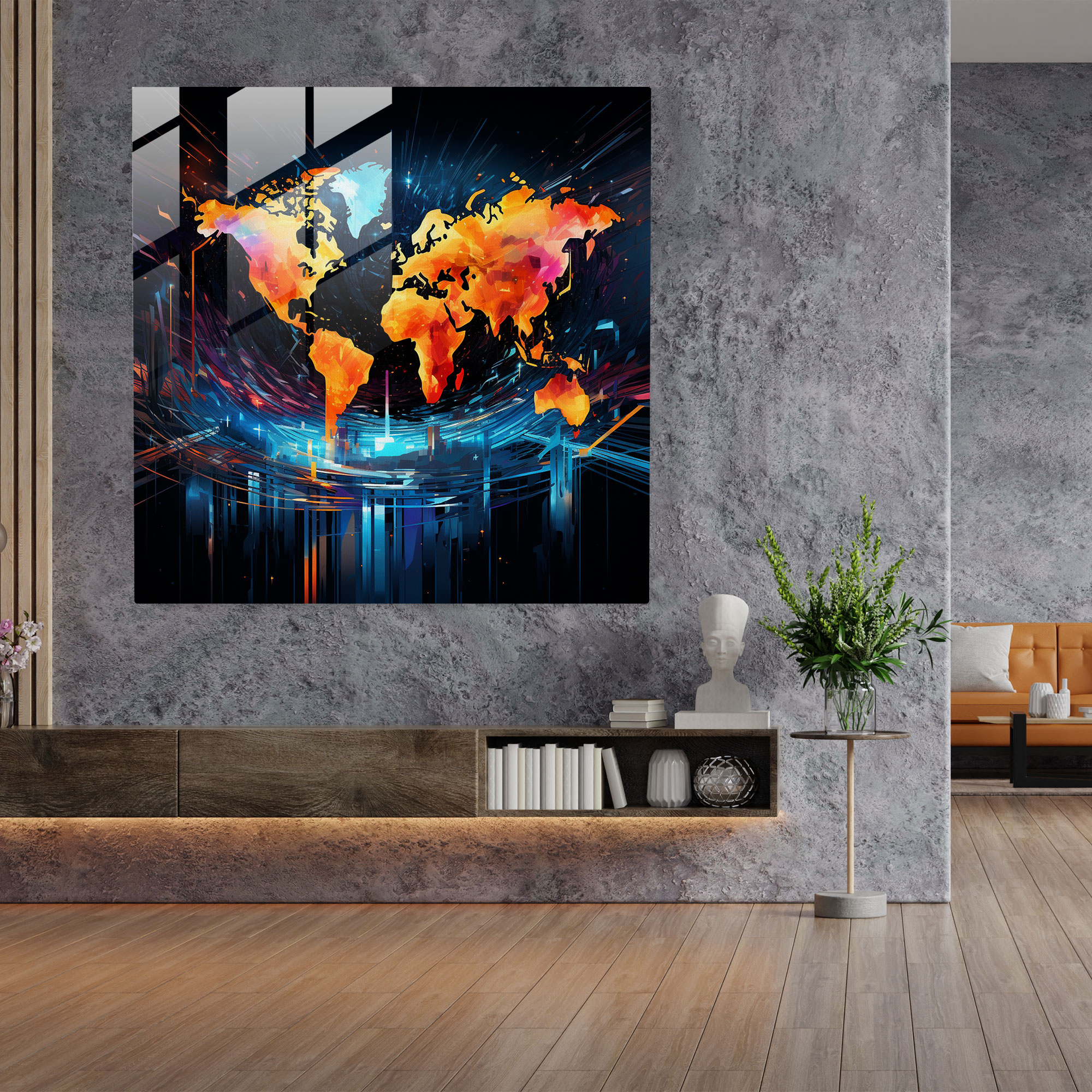 Contemporary World Map Glass Print - World Map, Wall Decoration, Abstract, Modern Art