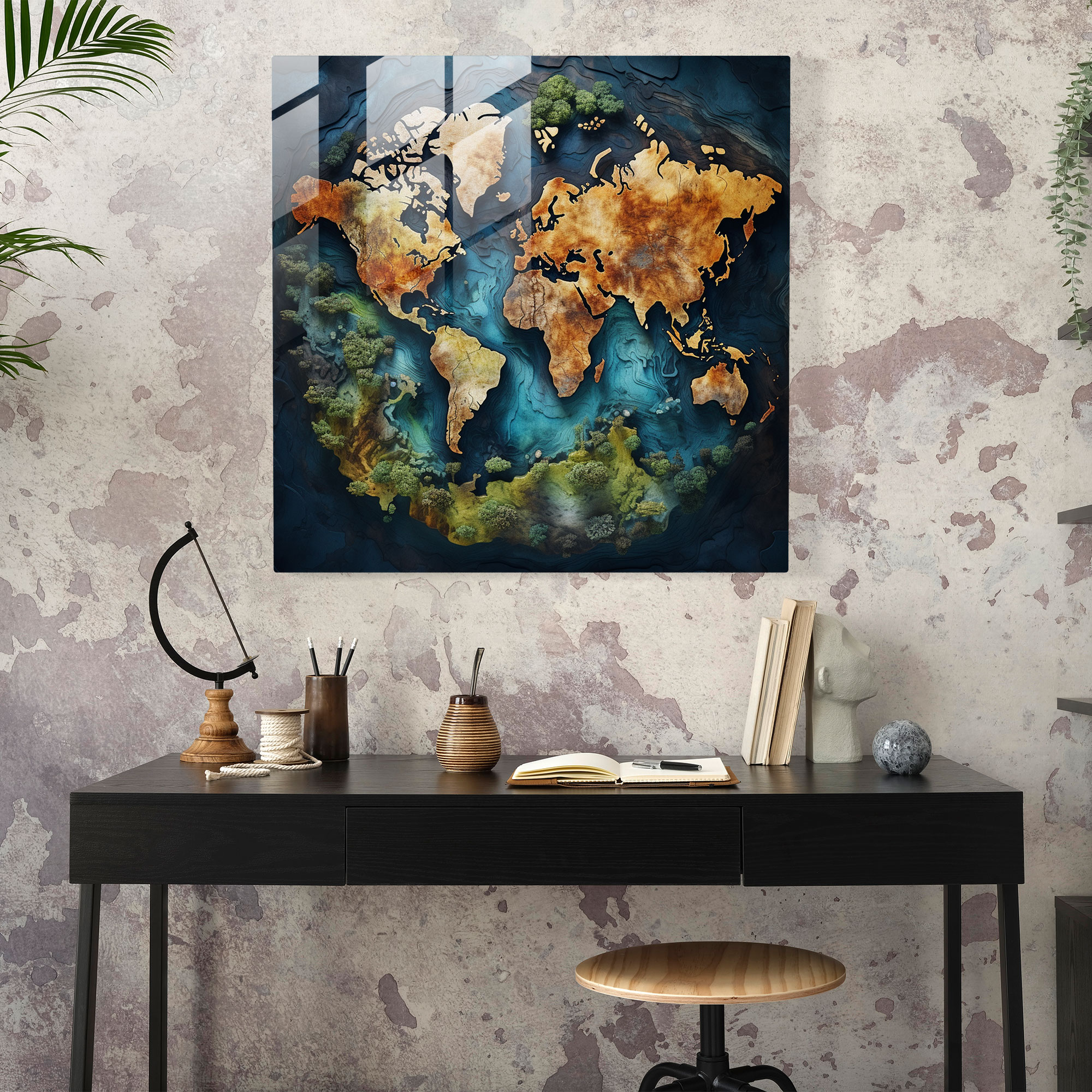 Aerial World Map Glass Print - World Map, Glass Art, Home Decoration, Wall Decoration