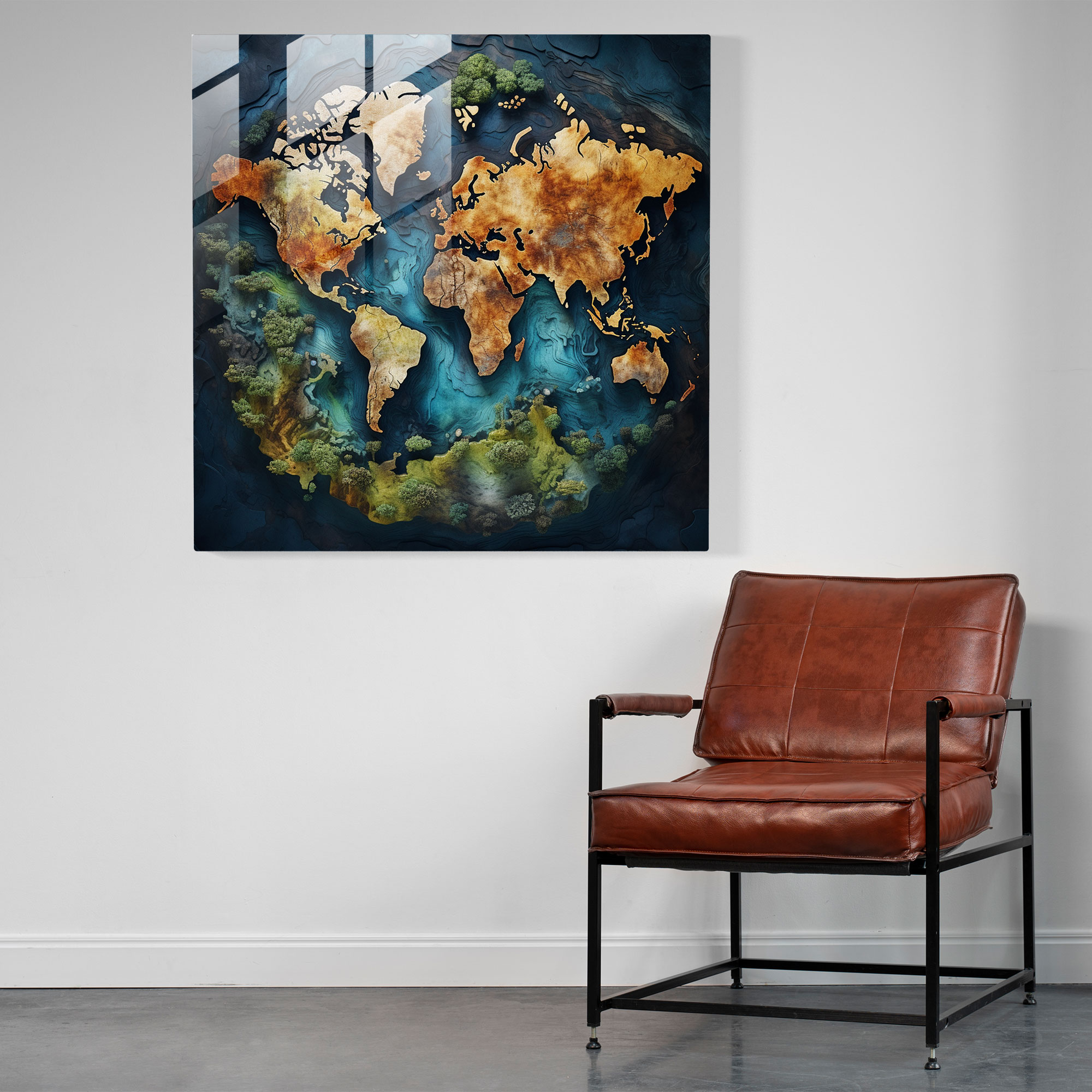 Aerial World Map Glass Print - World Map, Glass Art, Home Decoration, Wall Decoration