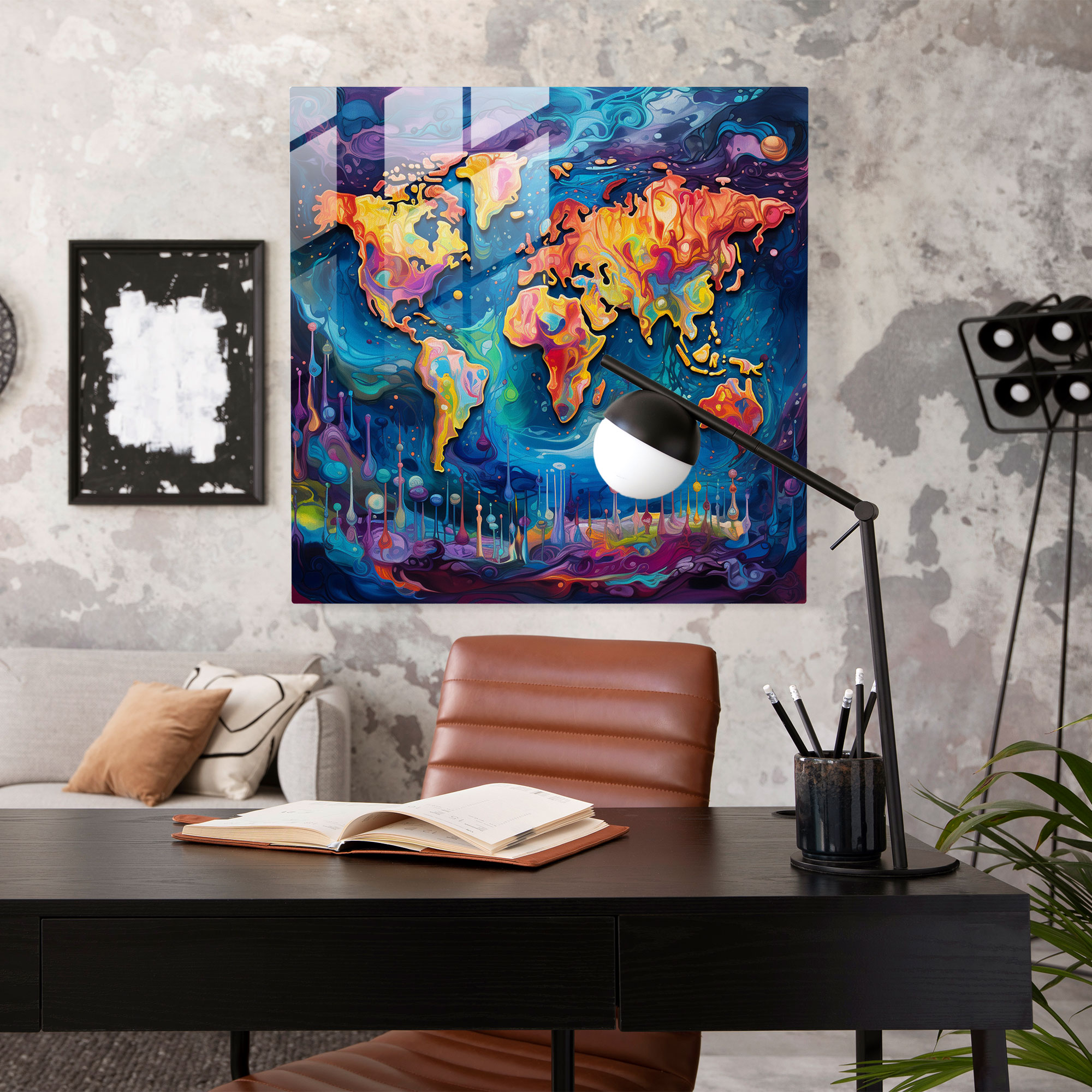 World Map Glass Print - Abstract Acrylic Painting - World Map, Glass Wall Art, Vibrant Colors, Wall Decoration