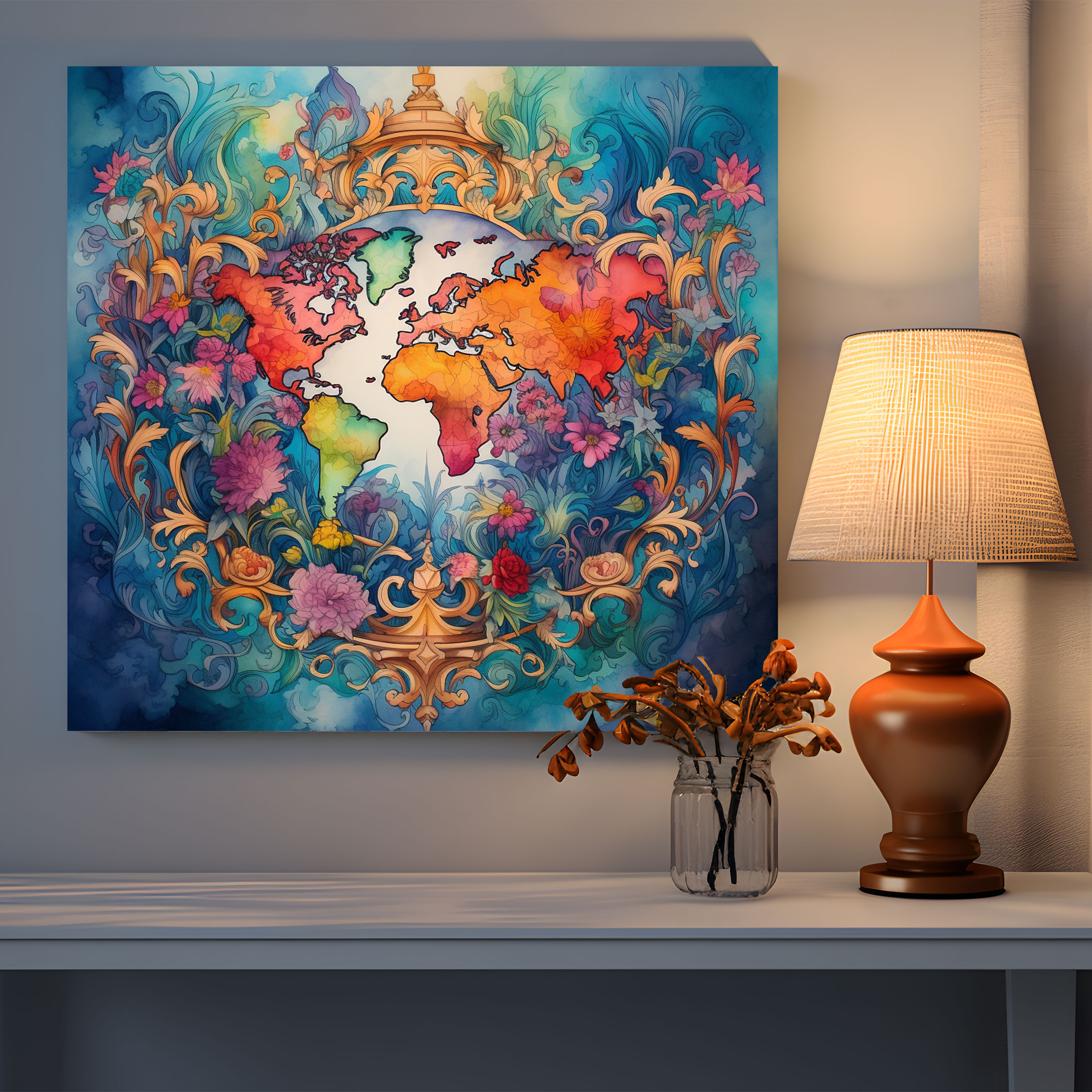 Weltkarte Aquarell Leinwandbild - Zuhause Dekoration Leinwand Lebendige Farben