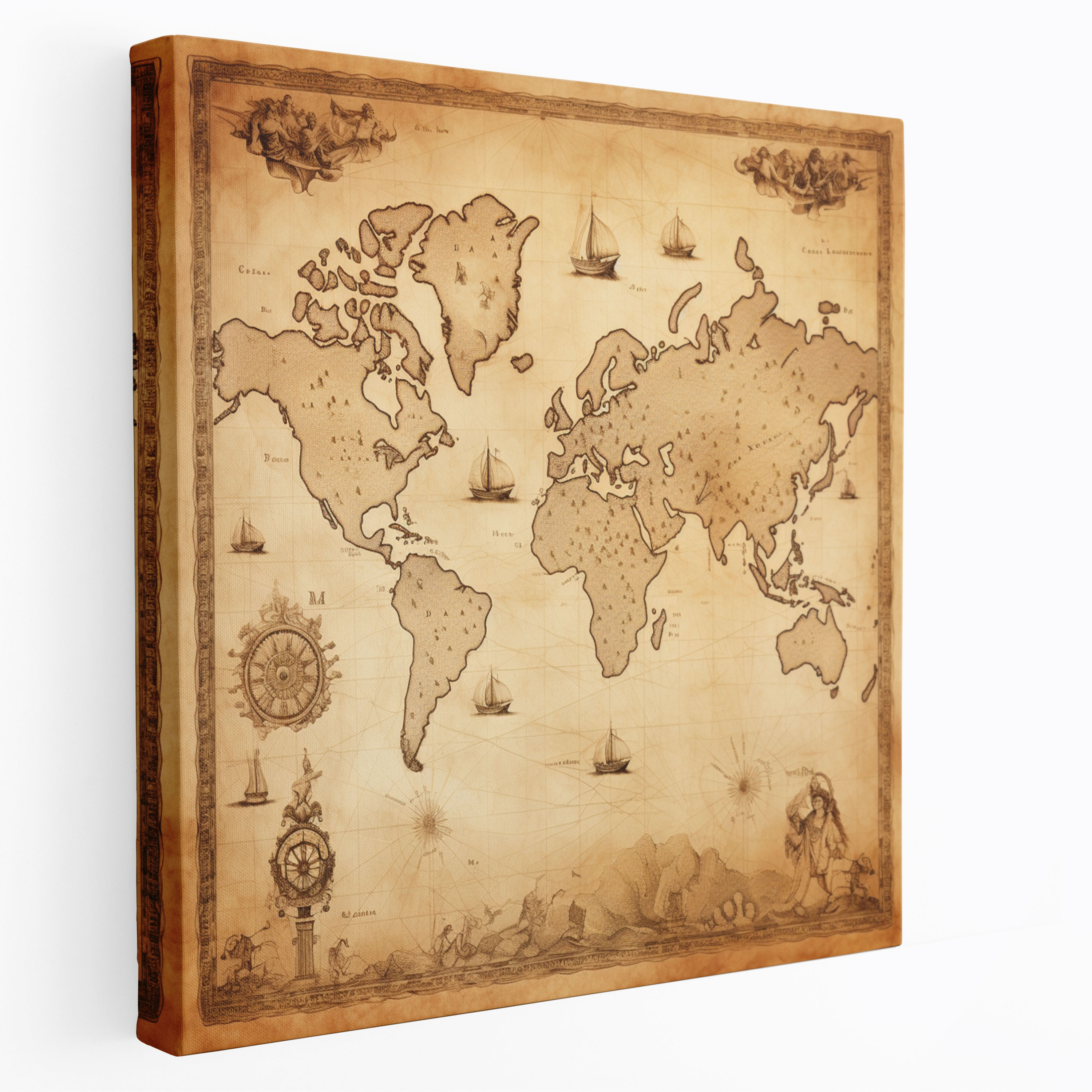 Leinwandbild Vintage Pergament Weltkarte – Wanddekoration Wohnkultur Verblichene Ränder
