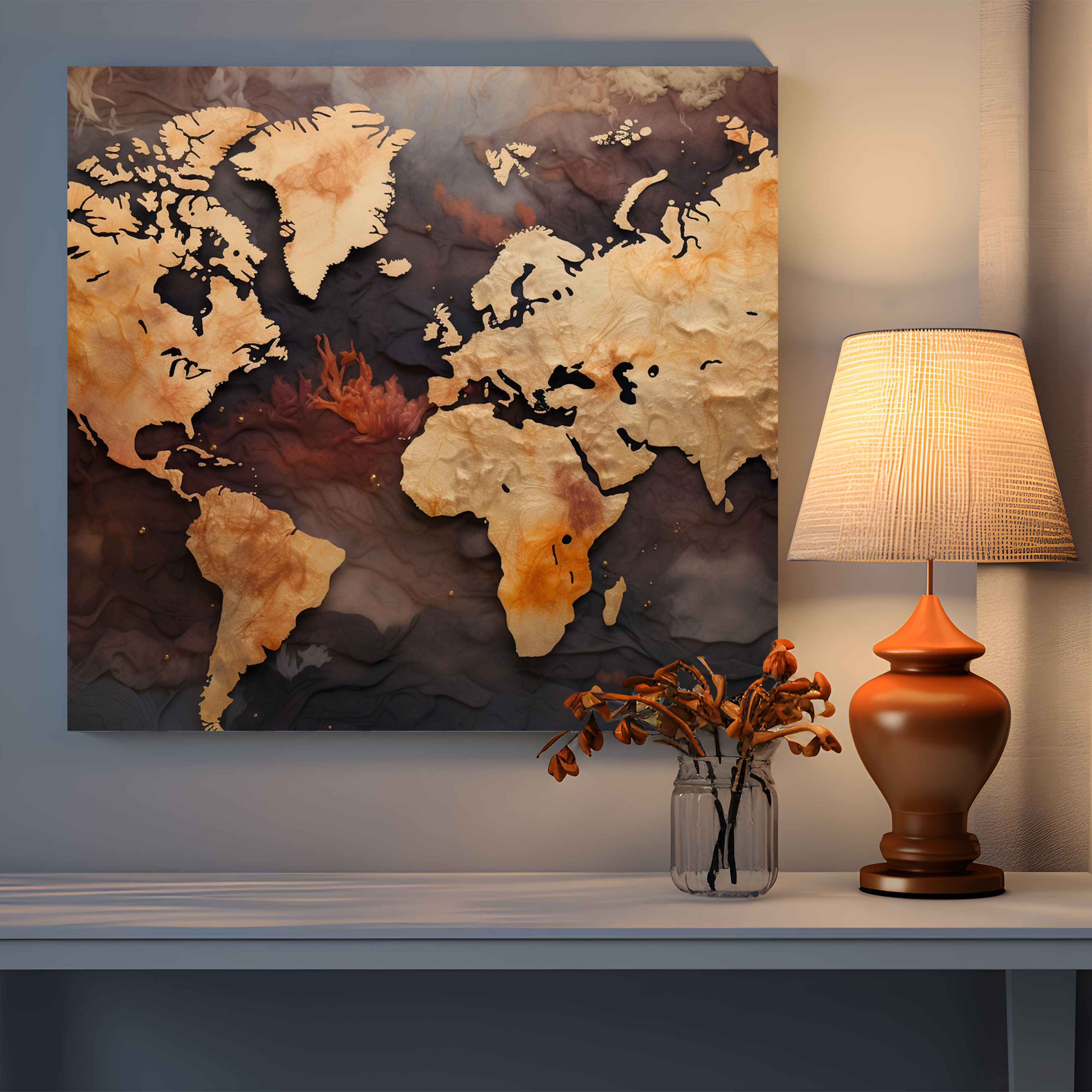 Earthy Tones World Map Canvas Print - World Map, Warm Colors, Canvas, Earthy Tones