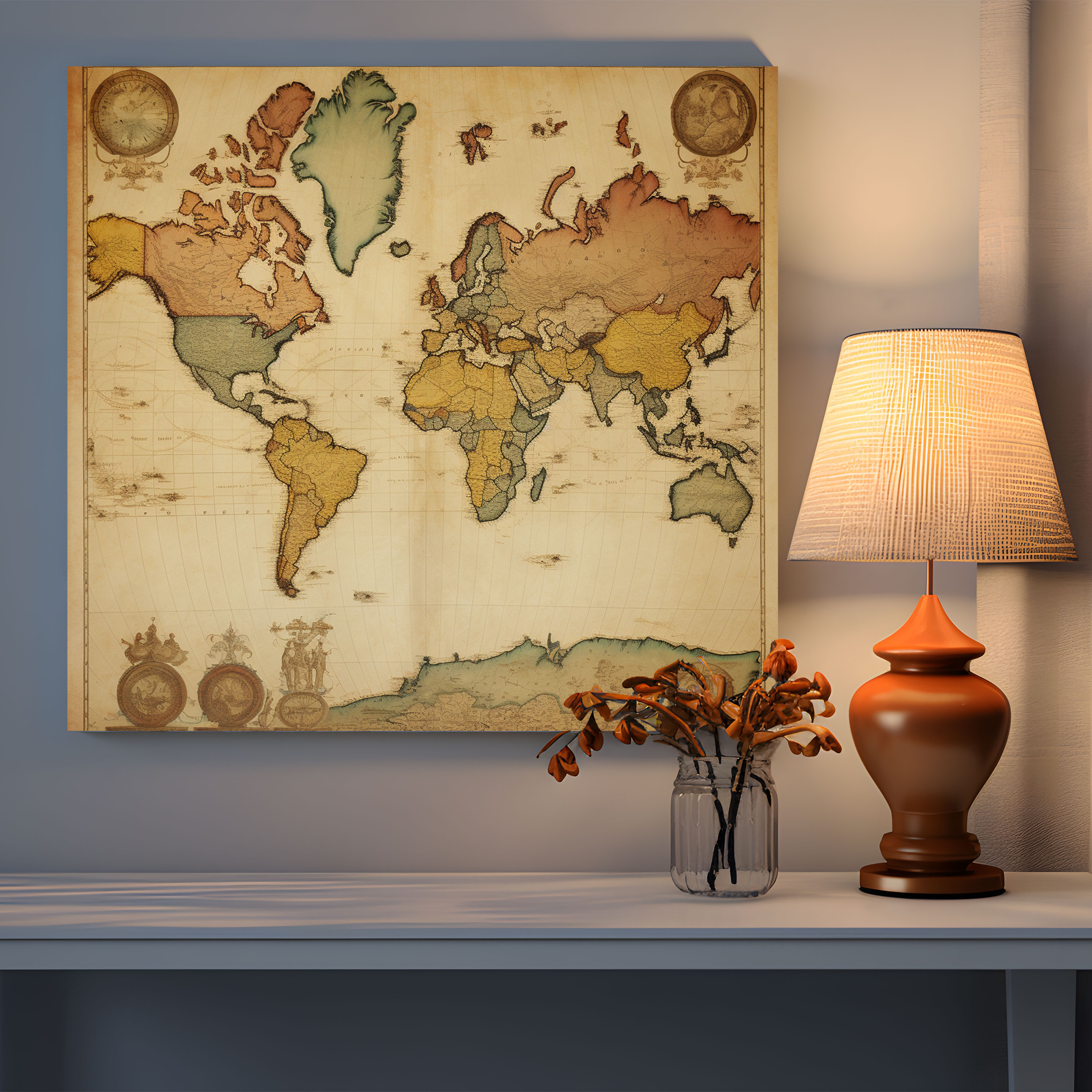Vintage World Map Canvas Print - World Map, Canvas Wall Art, Antique, Canvas
