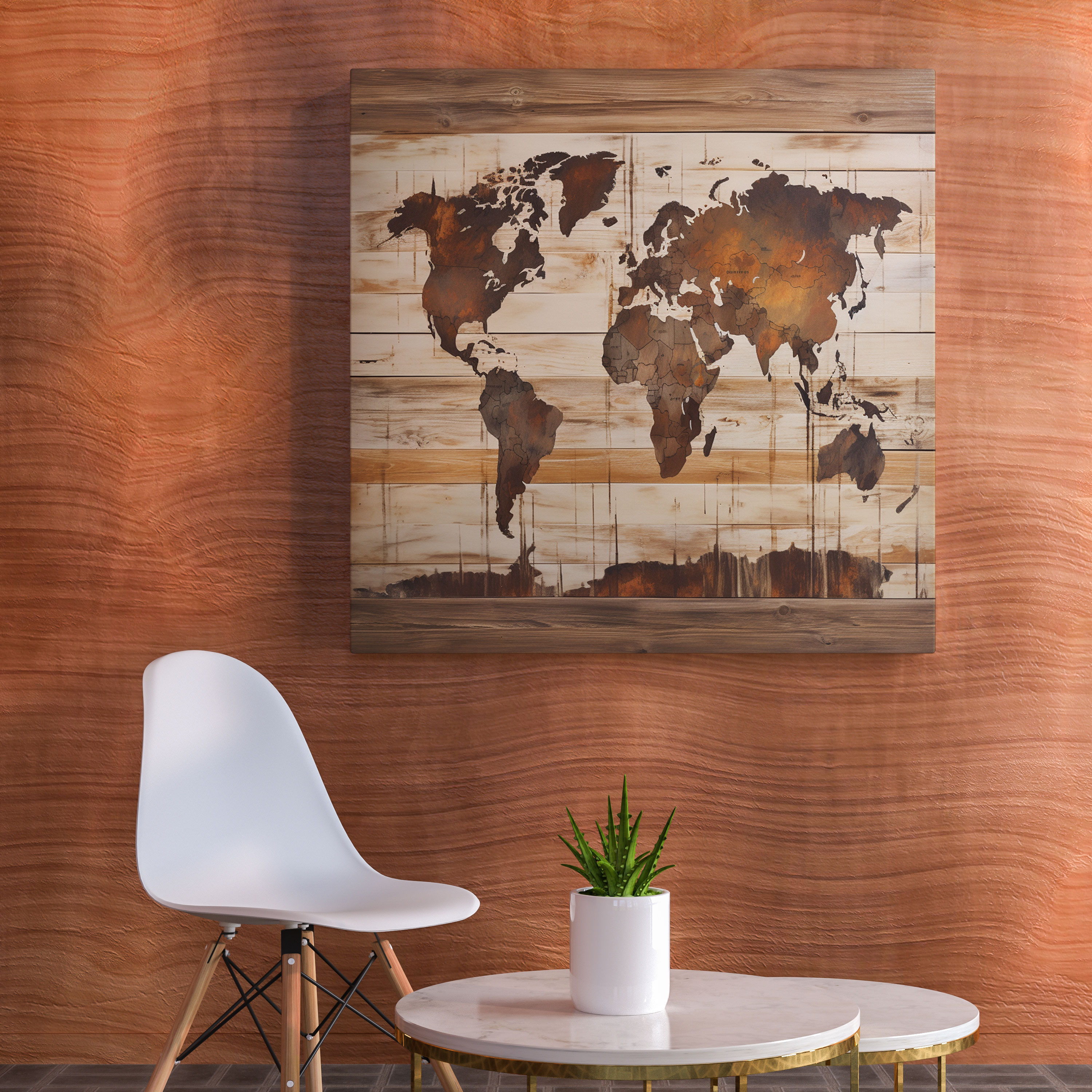 Rustic World Map Canvas Print - World Map, Wooden Background, Wall Decoration, Distressed