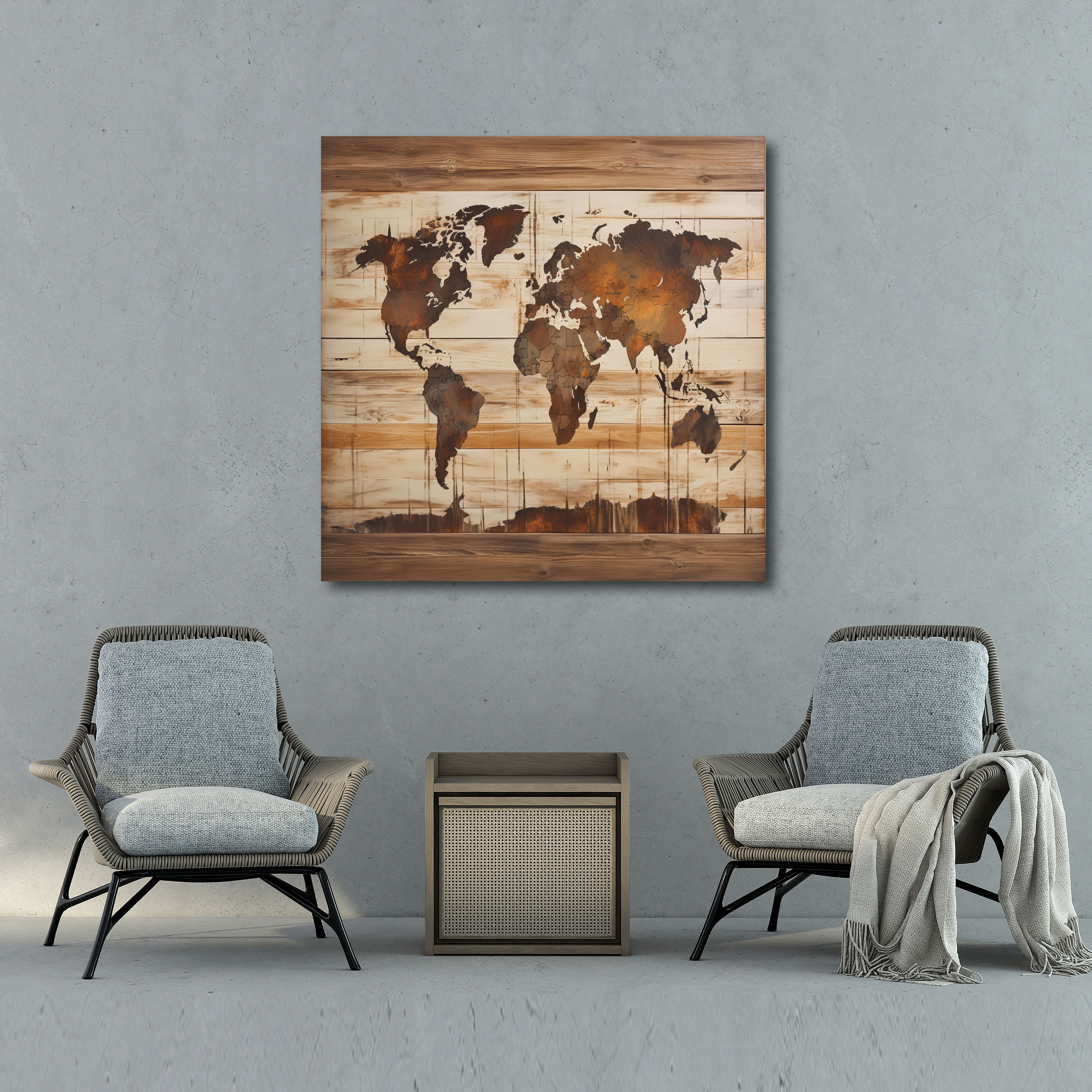 Rustic World Map Canvas Print - World Map, Wooden Background, Wall Decoration, Distressed