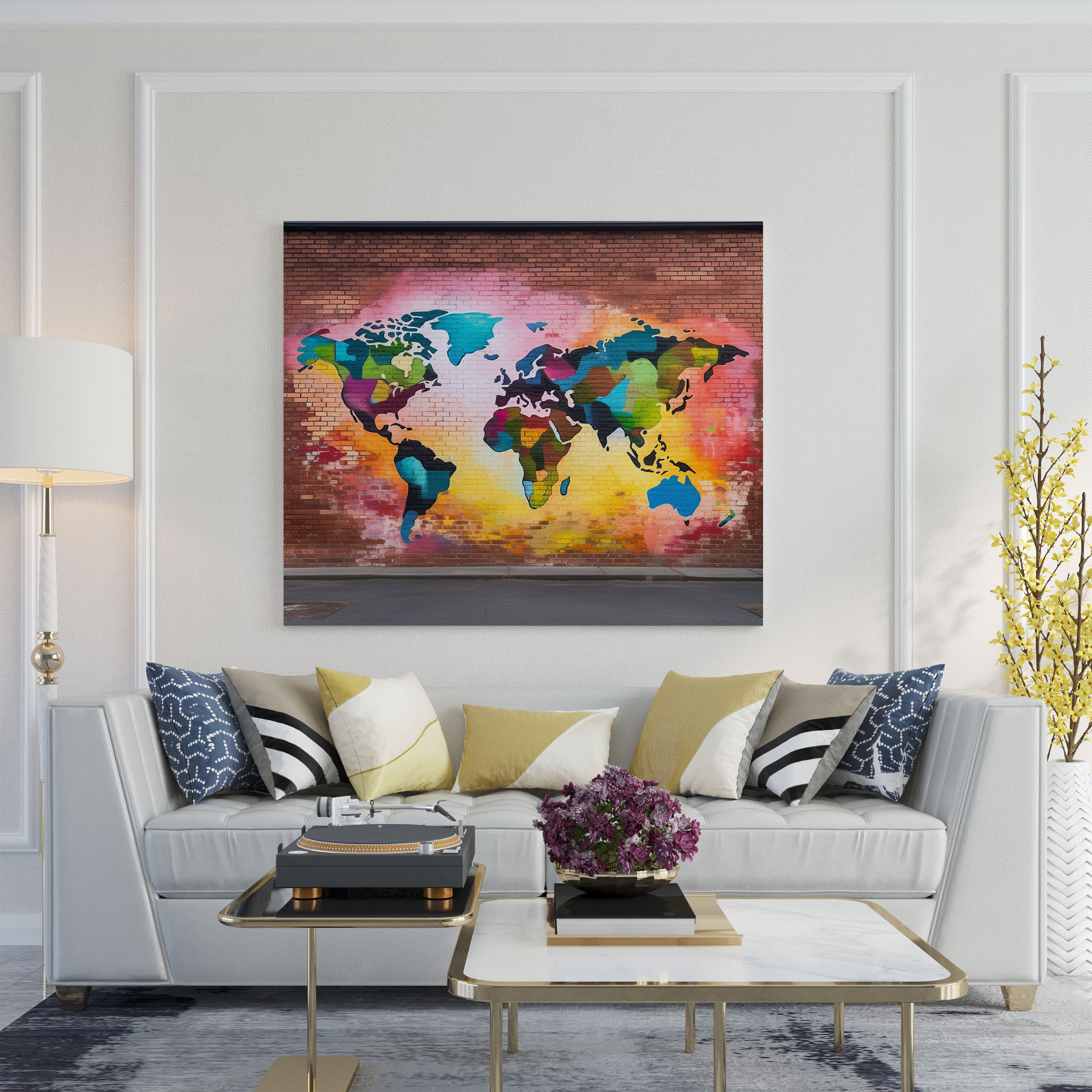 Leinwandbild Urban World Map - Weltkarte Leinwand Wandkunst Leinwanddruck Ziegelwand.