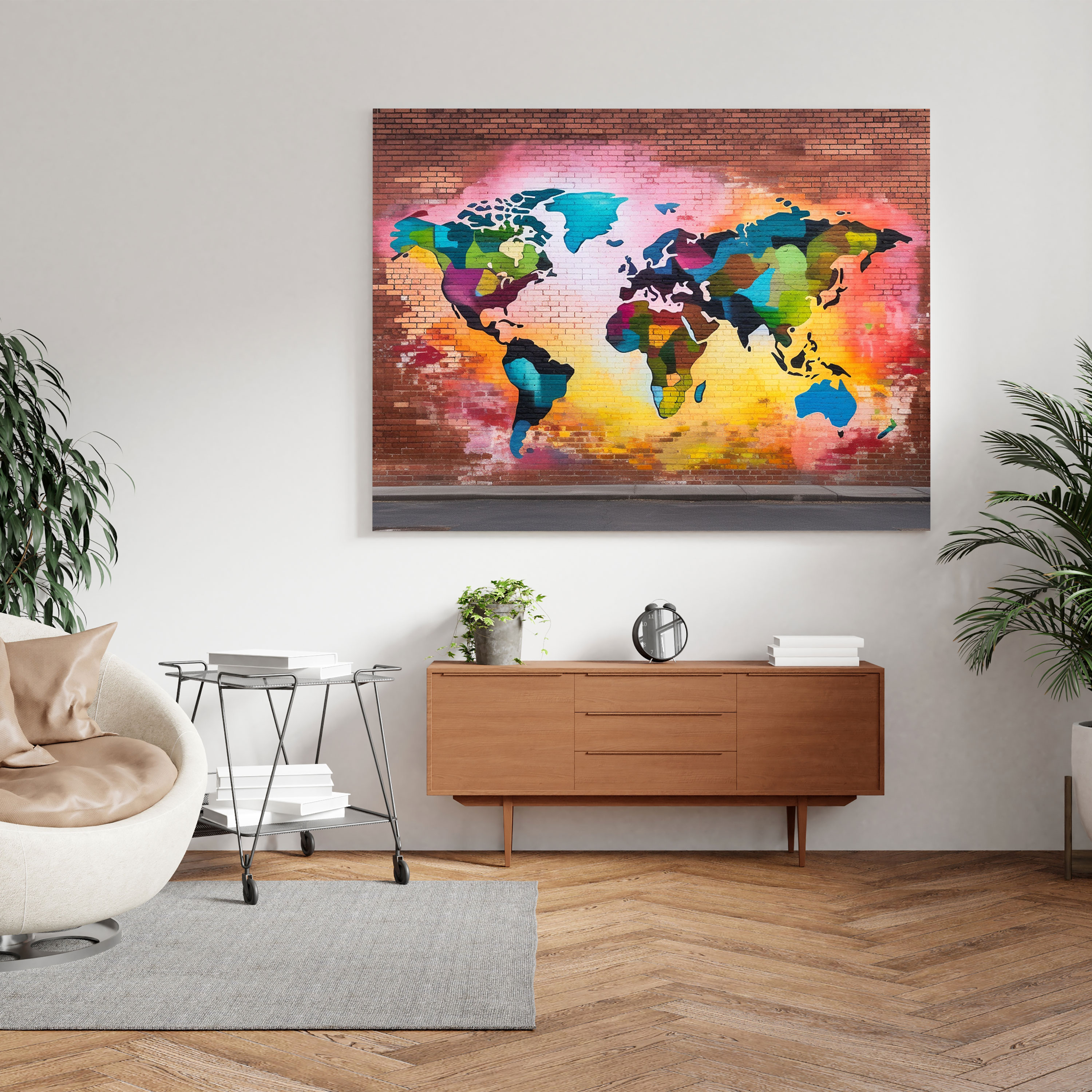Leinwandbild Urban World Map - Weltkarte Leinwand Wandkunst Leinwanddruck Ziegelwand.