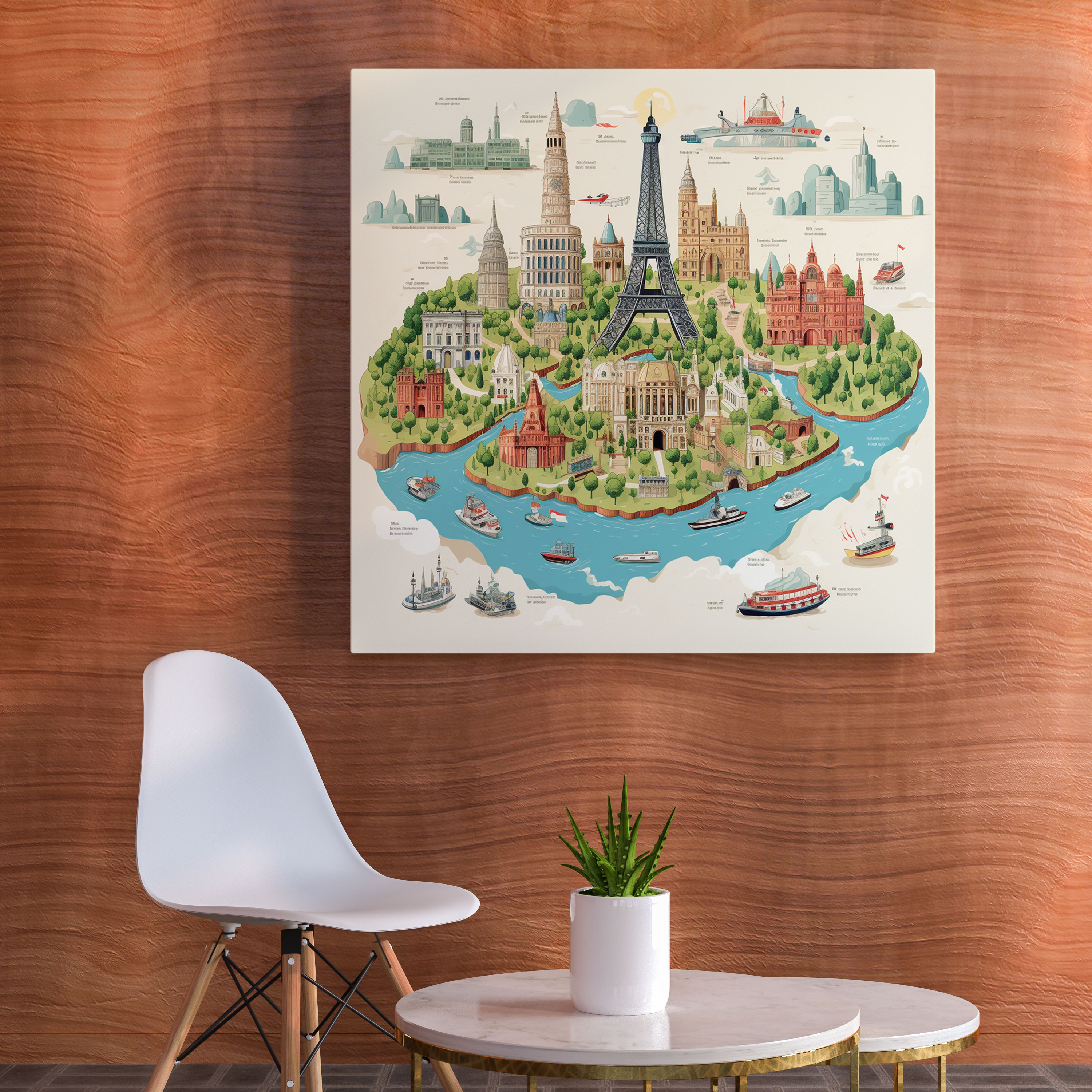 Weltkarte Leinwandbild - illustrierte Sehenswürdigkeiten - Dekoration für Zuhause berühmte Orte Leinwandbild
