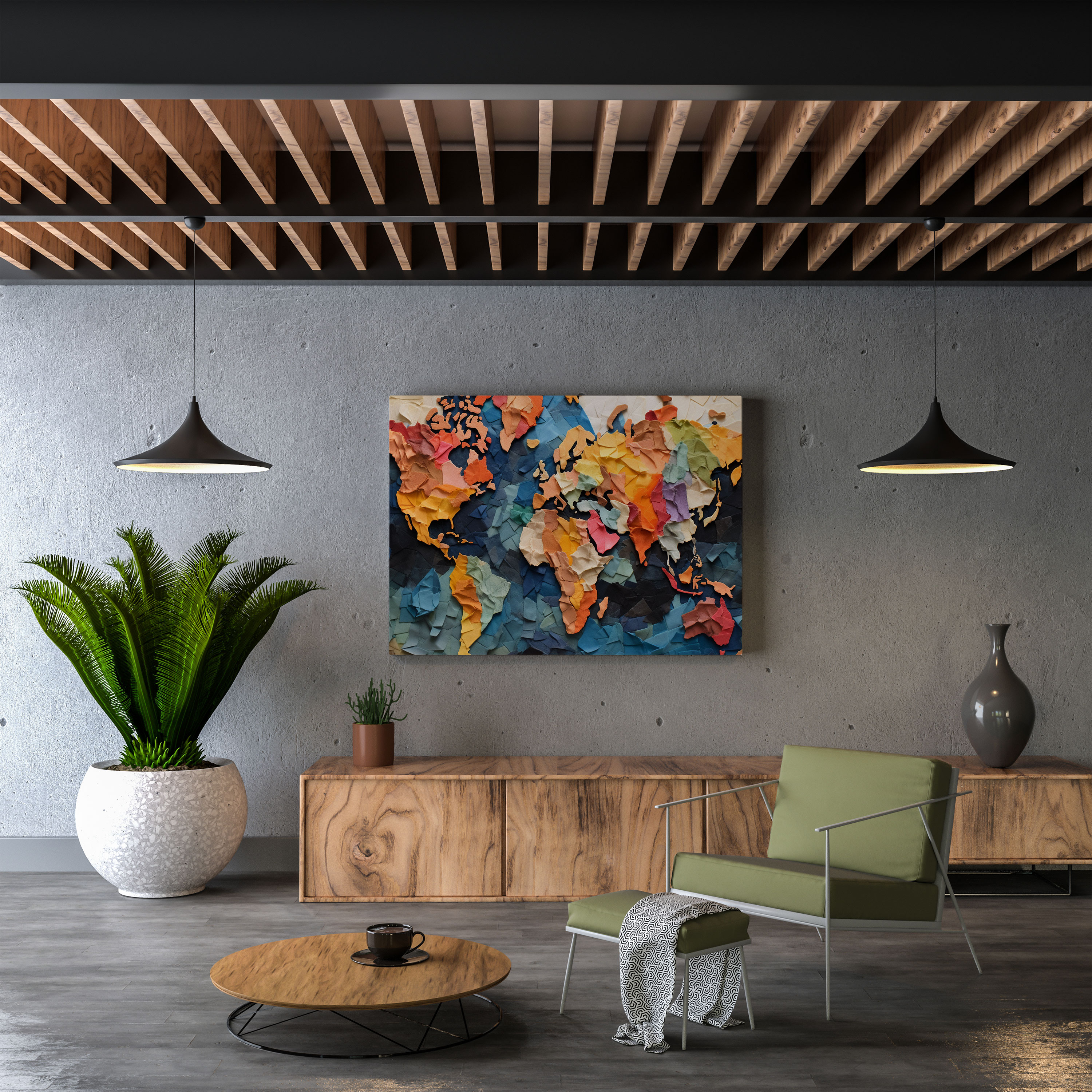 Weltkarte Leinwandbild - Abstrakte Collage - Weltkarte Wandkunst Leinwand Mixed Media