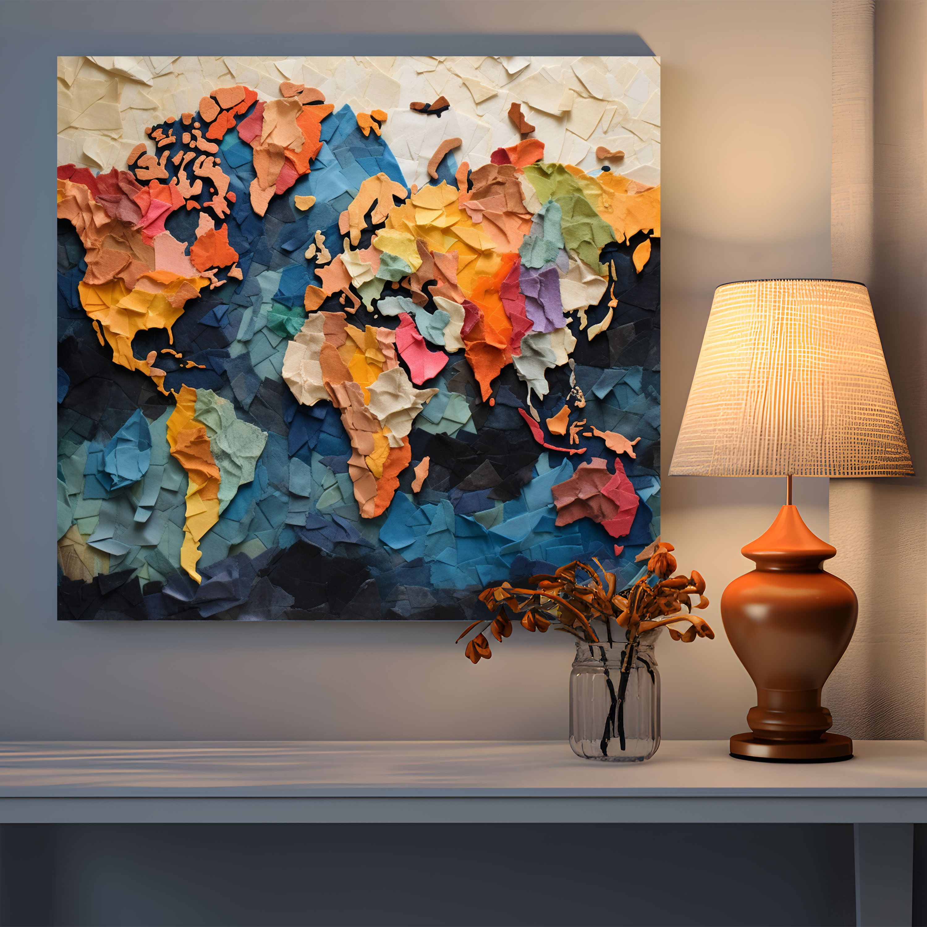 Weltkarte Leinwandbild - Abstrakte Collage - Weltkarte Wandkunst Leinwand Mixed Media
