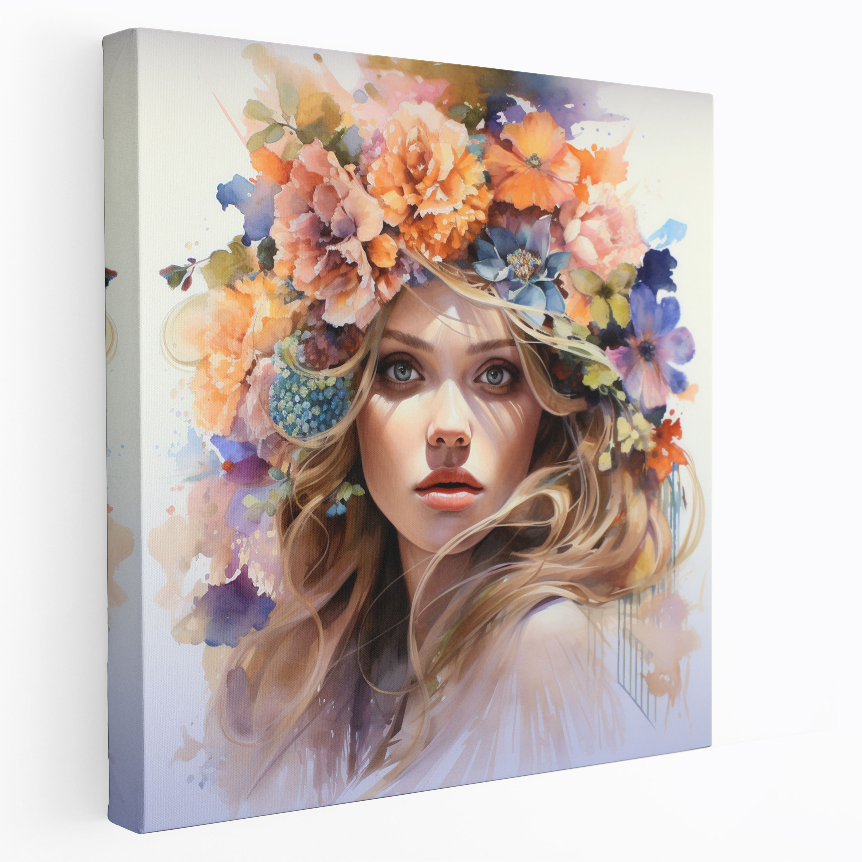 Woman Canvas Print: Colorful Flowers - Woman, Watercolor Painting, Woman, Home Decoration