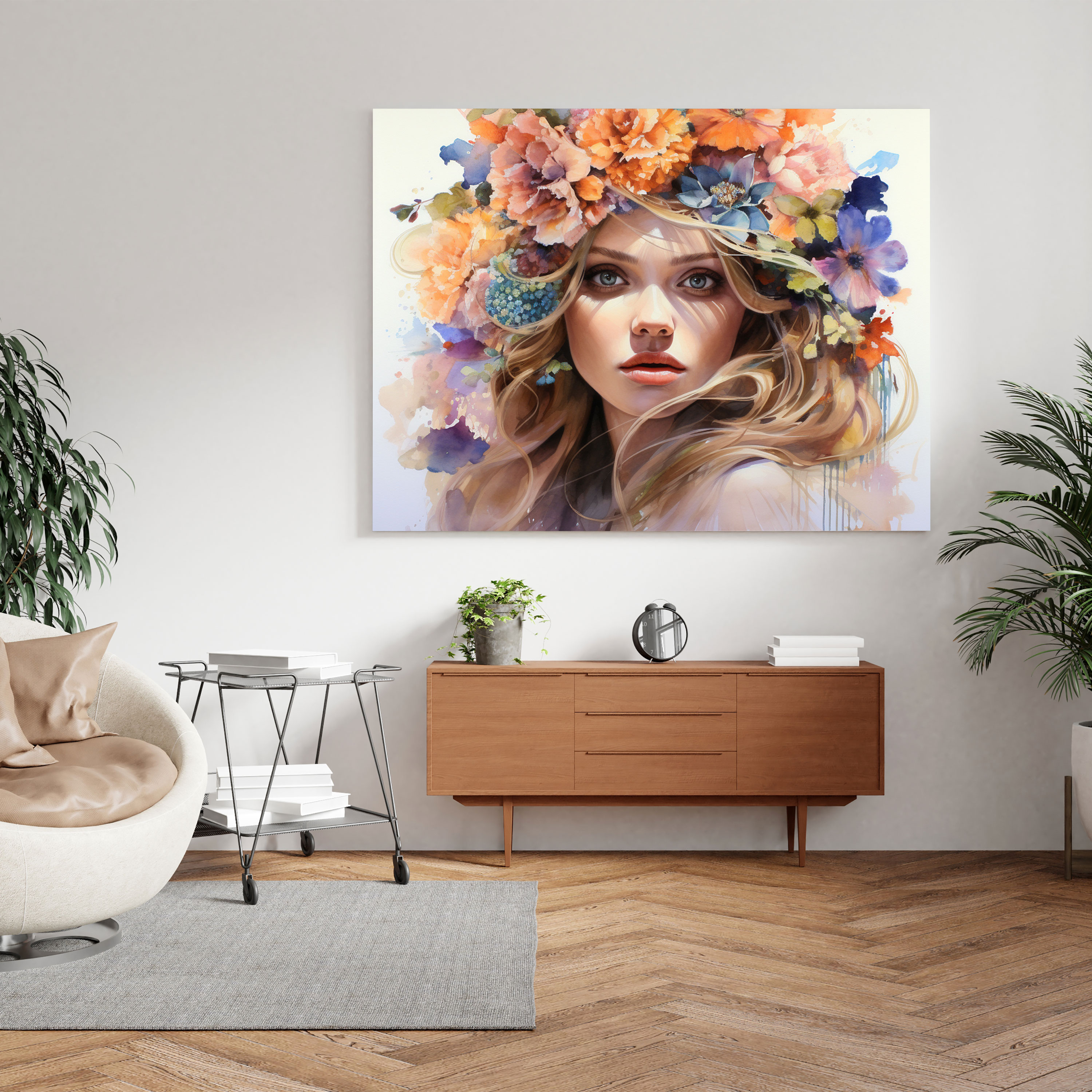 Woman Canvas Print: Colorful Flowers - Woman, Watercolor Painting, Woman, Home Decoration