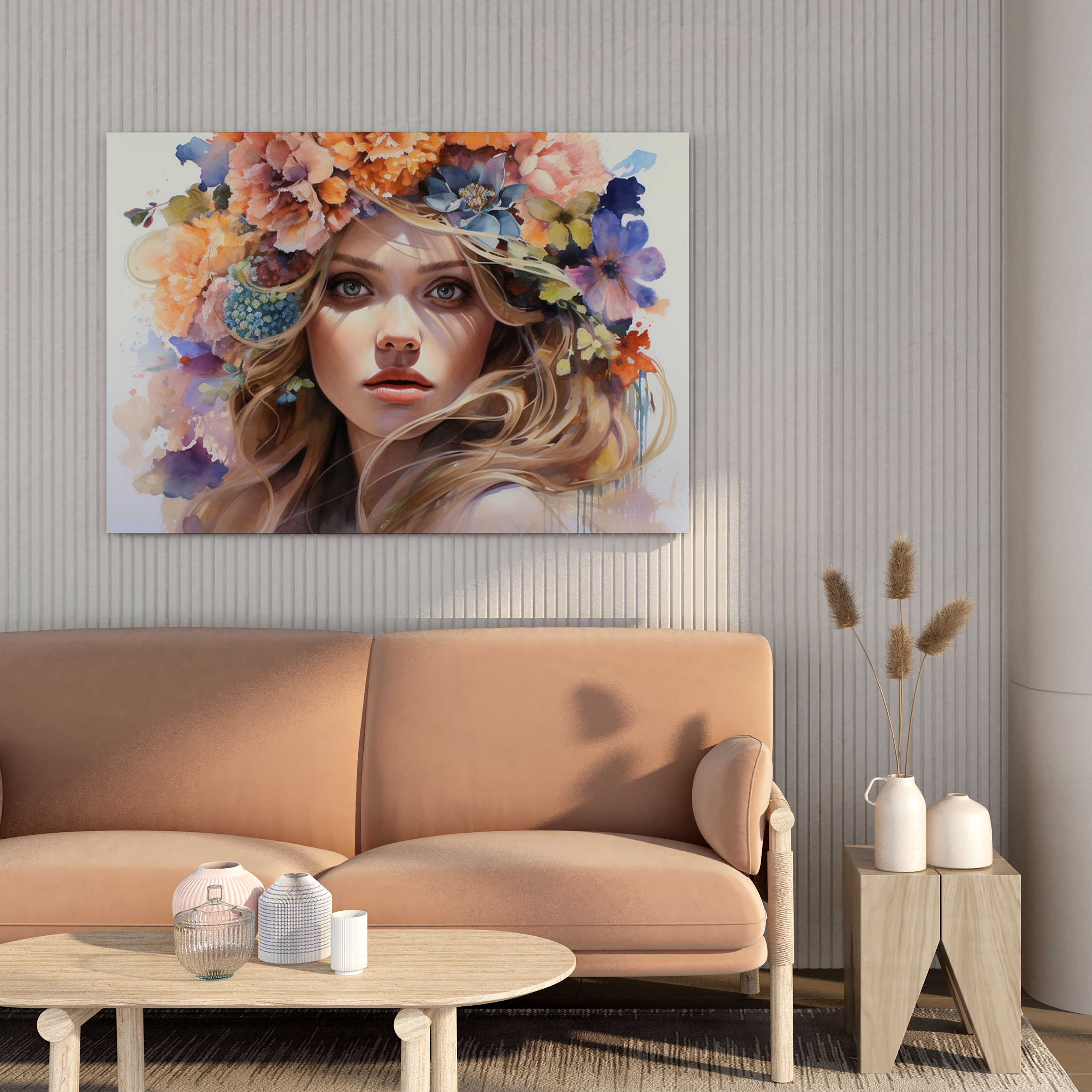 Woman Canvas Print: Colorful Flowers - Woman, Watercolor Painting, Woman, Home Decoration