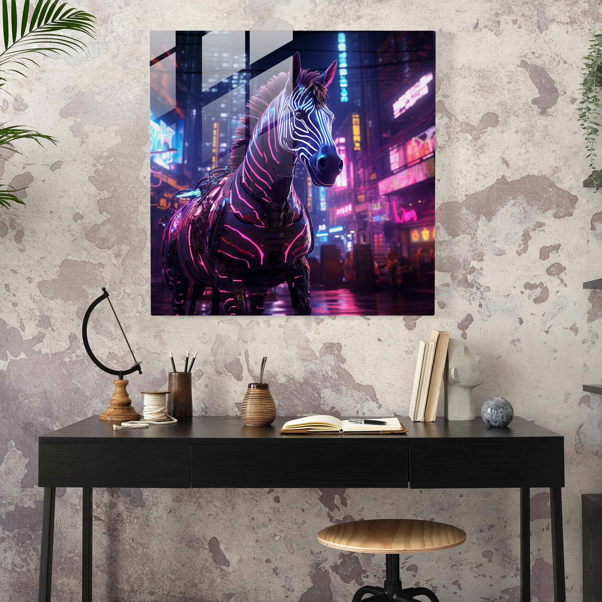 Neon Zebra Glass Print - Zebra, Wall Decoration, Zebra, Neon Lights