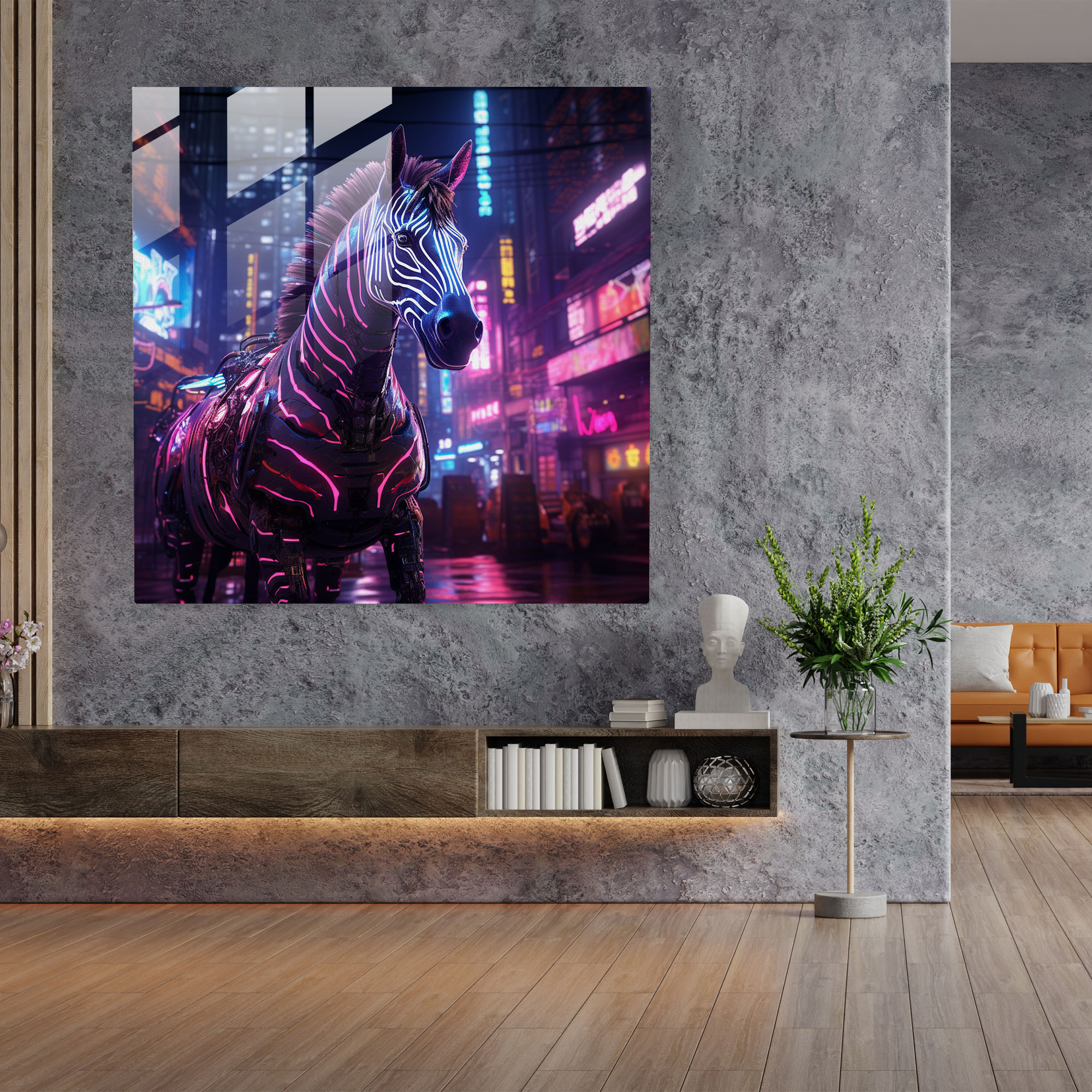 Neon Zebra Glass Print - Zebra, Wall Decoration, Zebra, Neon Lights