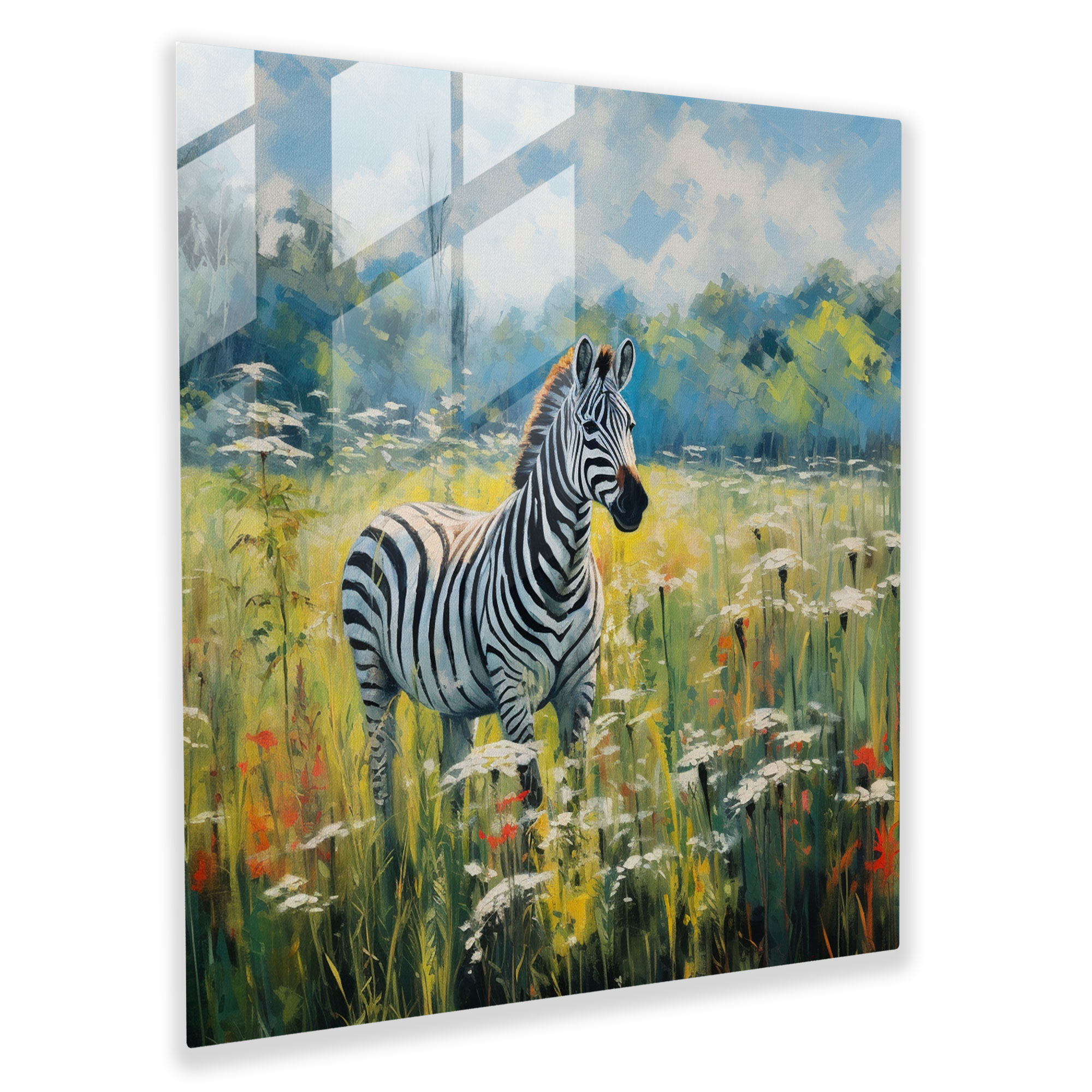 Serenity Zebra Glass Print - Zebra, Impressionist Painting, Lush Meadow, Glass Art