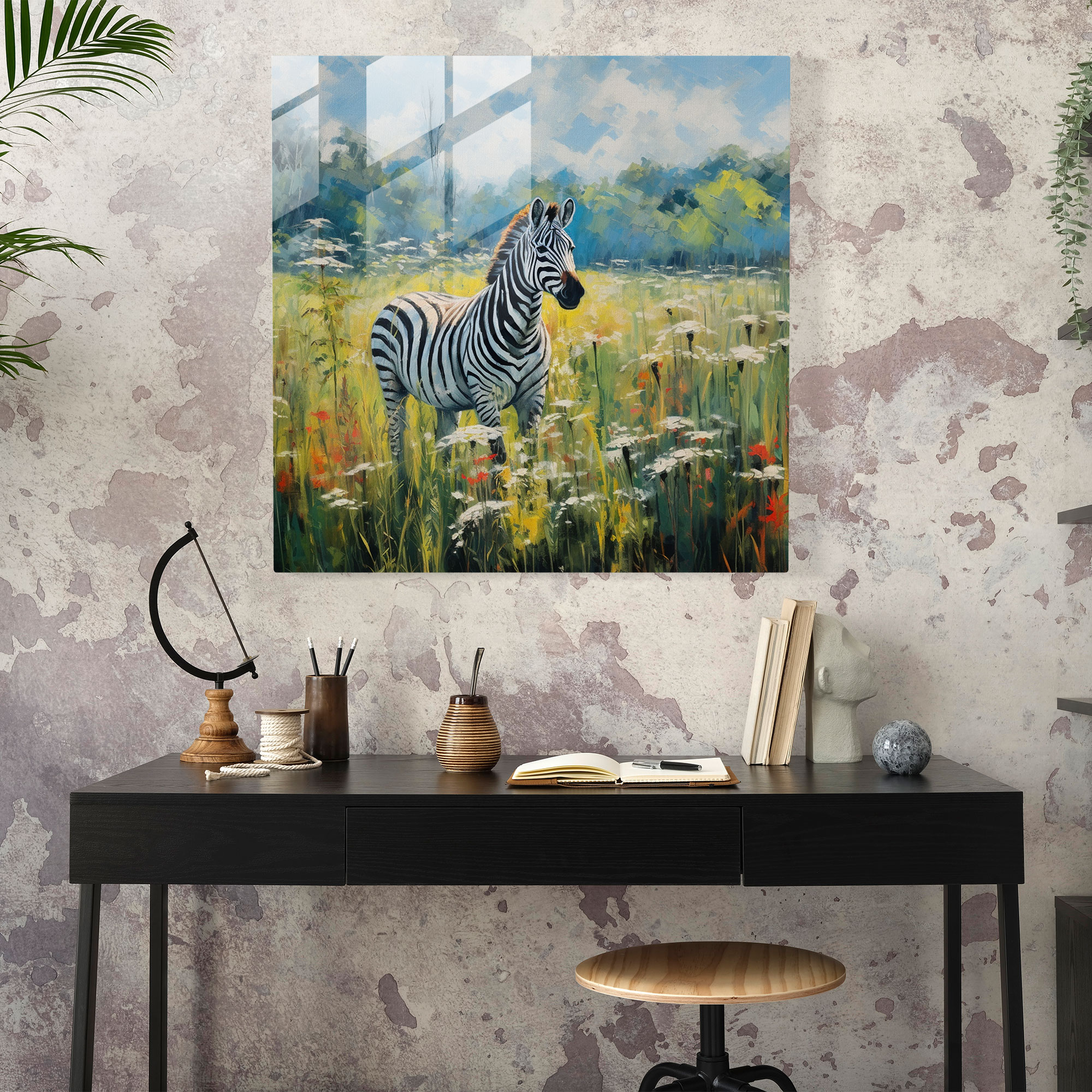 Serenity Zebra Glass Print - Zebra, Impressionist Painting, Lush Meadow, Glass Art
