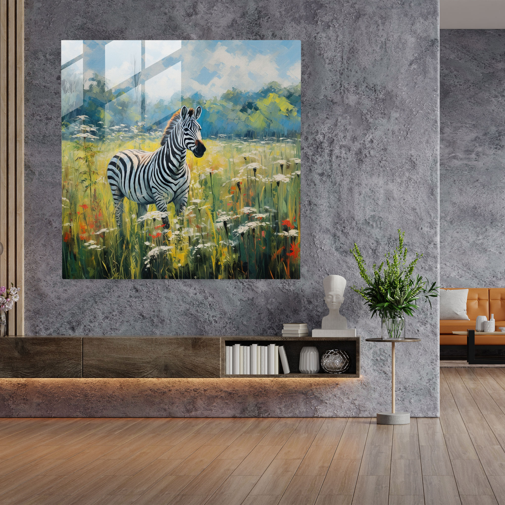 Serenity Zebra Glass Print - Zebra, Impressionist Painting, Lush Meadow, Glass Art