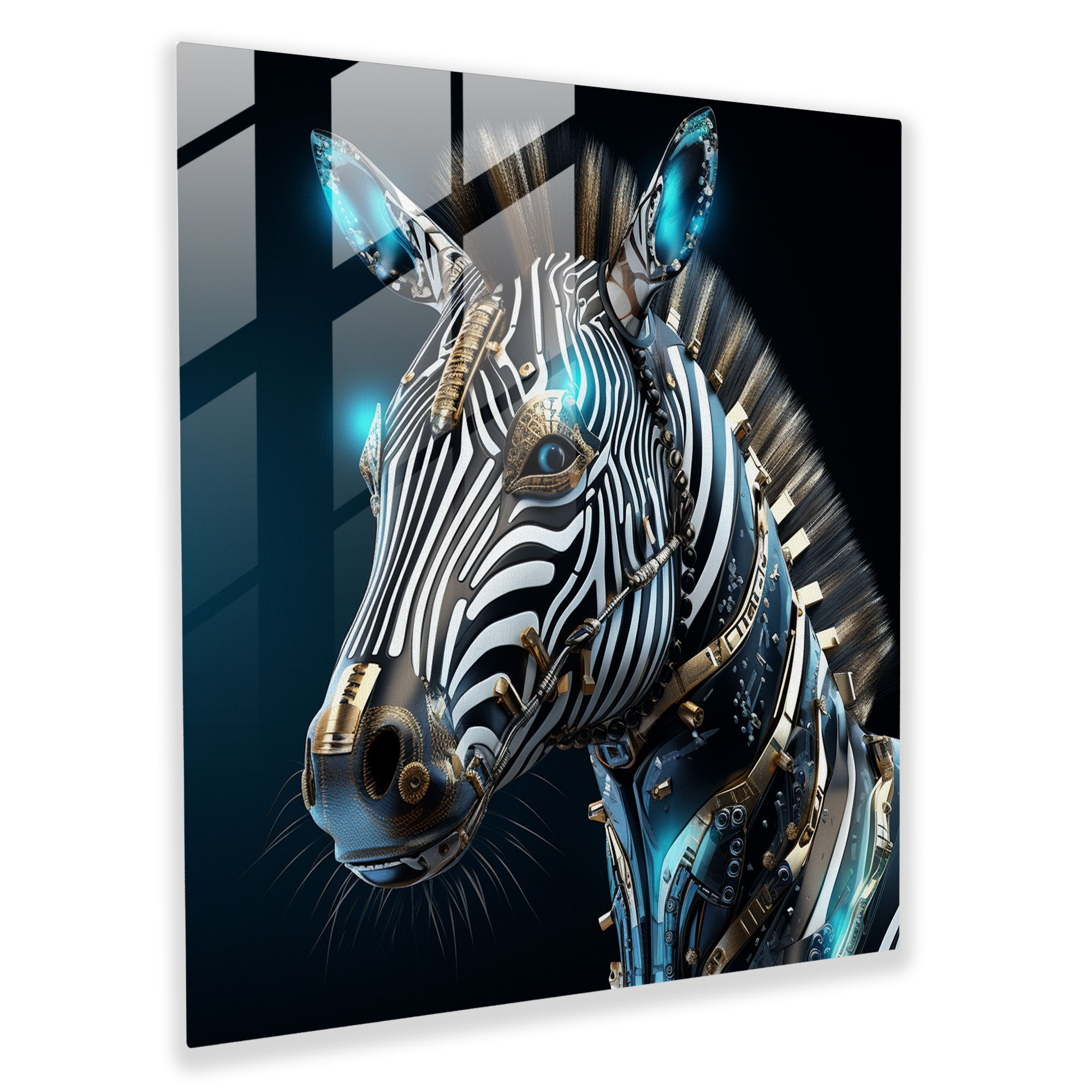 Futuristic Zebra Glass Print - Zebra, Metallic, Wall Decoration, Modern Art