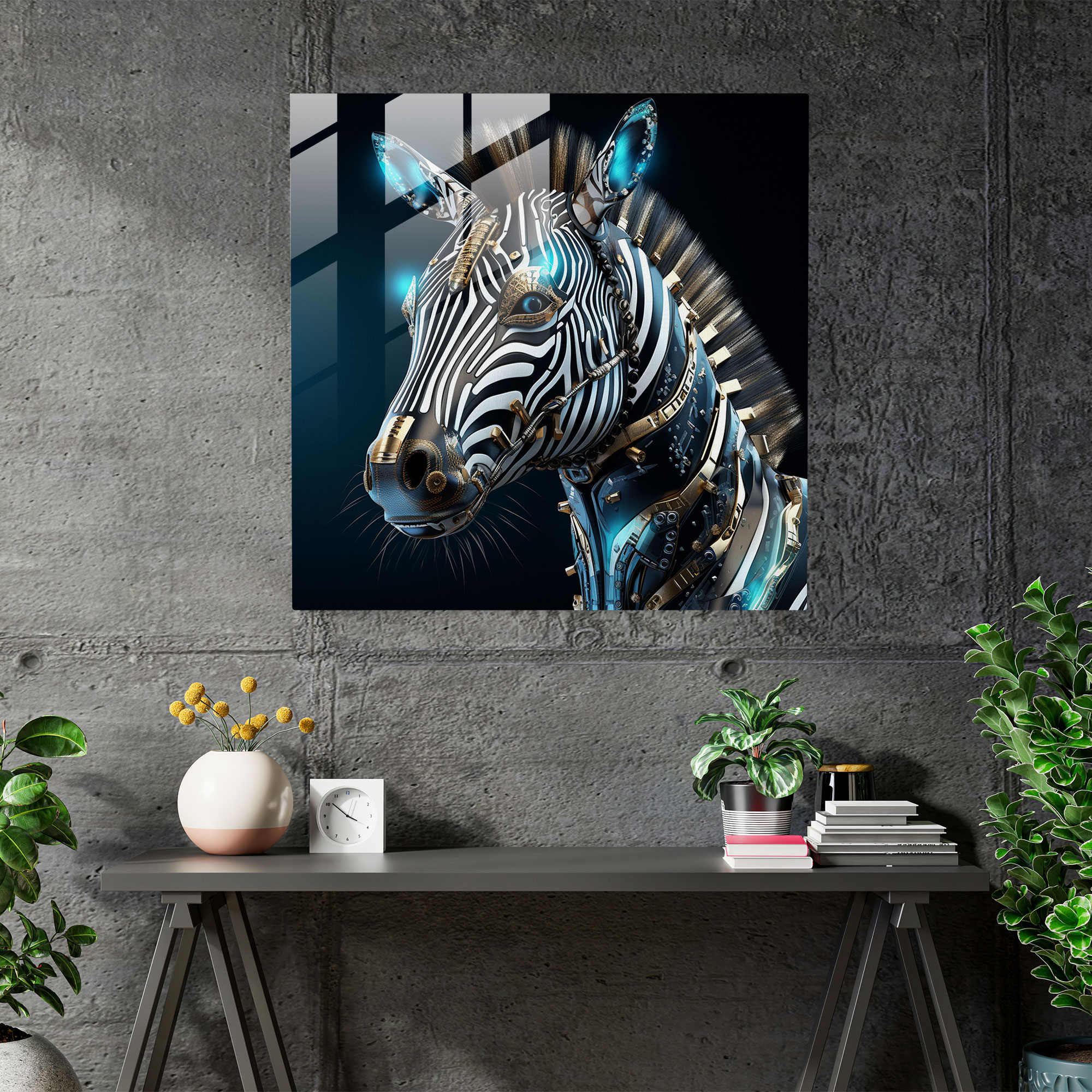 Futuristic Zebra Glass Print - Zebra, Metallic, Wall Decoration, Modern Art