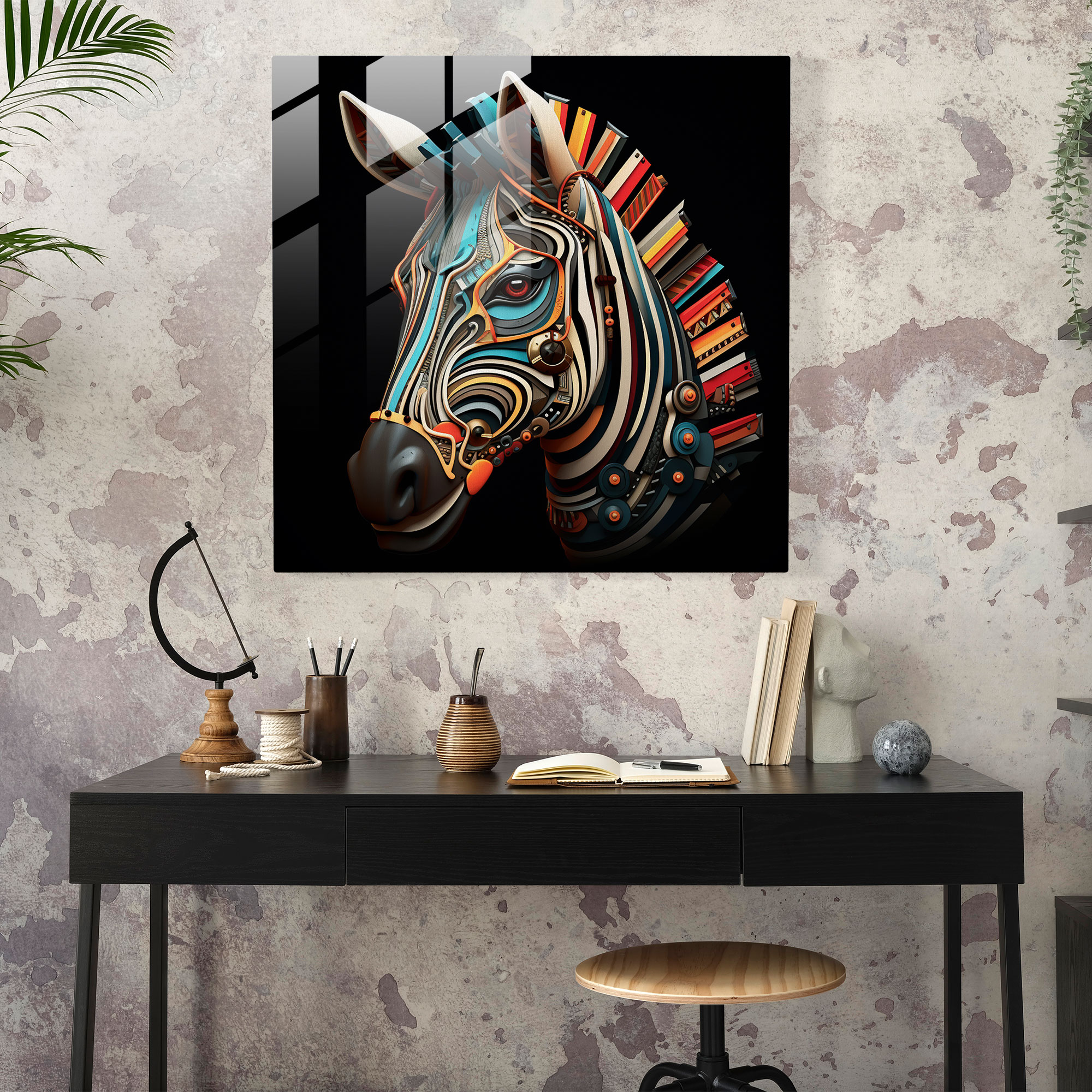 Geometric Fusion Glass Print - Zebra, Contemporary Digital Art, Modern Elements, Glass Print