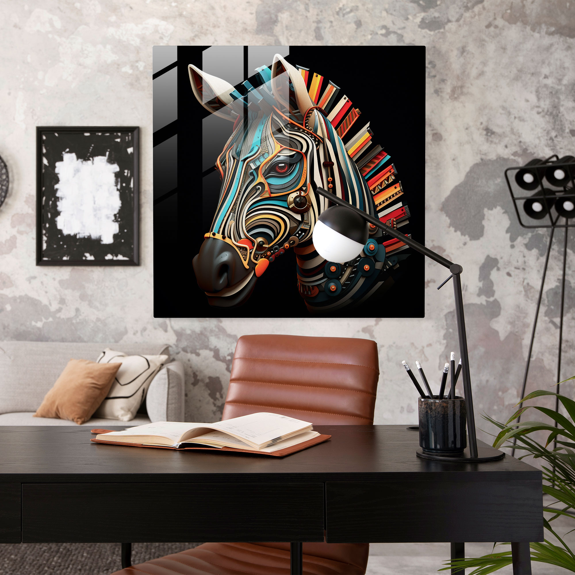 Geometric Fusion Glass Print - Zebra, Contemporary Digital Art, Modern Elements, Glass Print