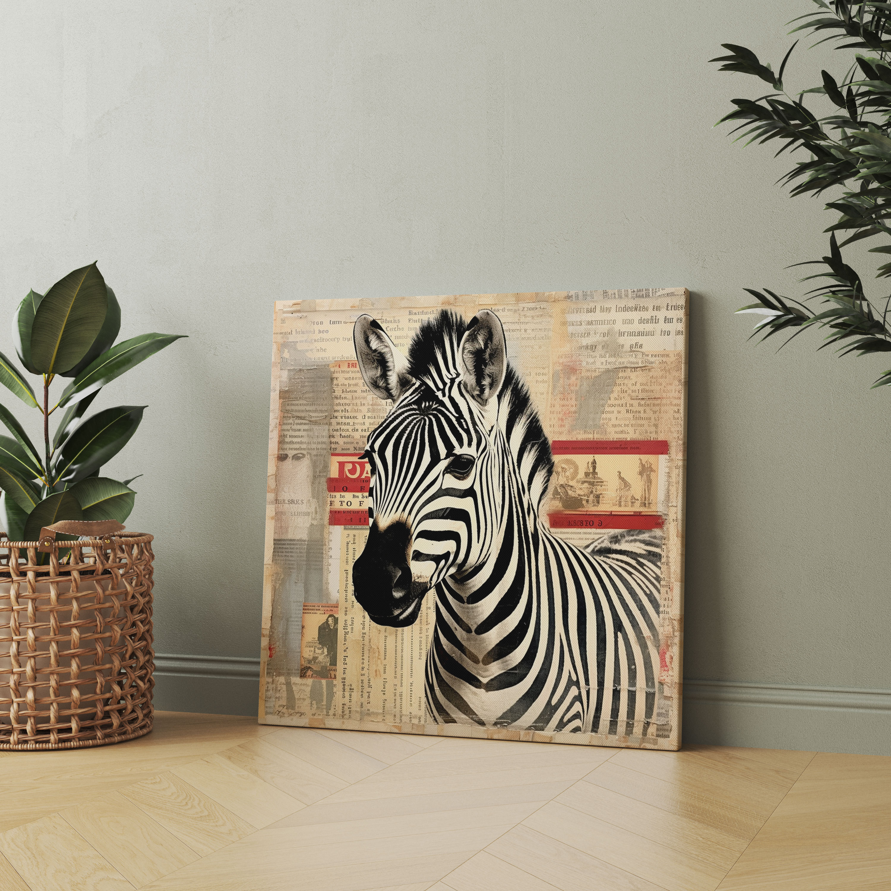 Zebra Temalı Vintage Kolaj Kanvas Tablo - Ev Dekorasyonu Nostaljik