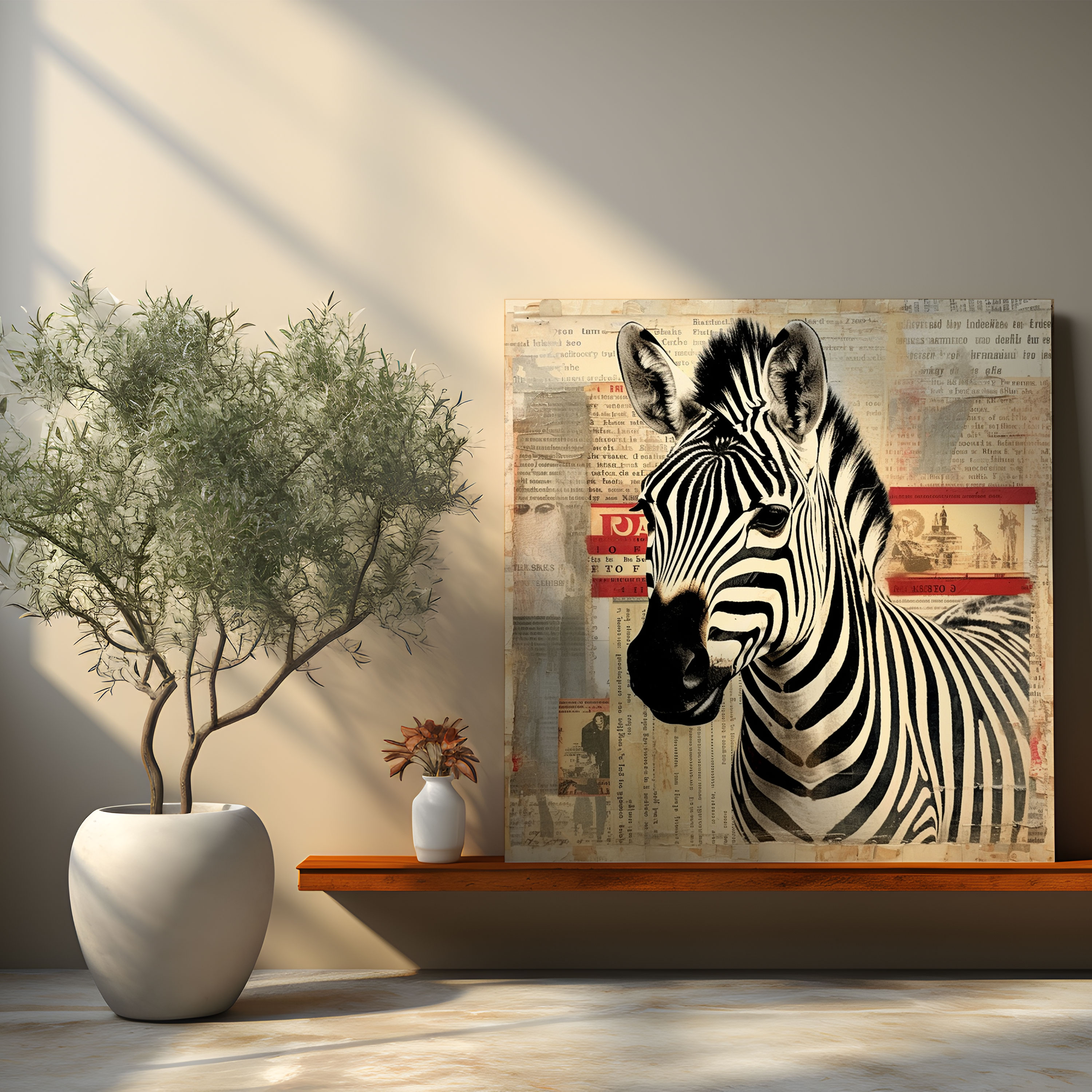 Zebra Temalı Vintage Kolaj Kanvas Tablo - Ev Dekorasyonu Nostaljik
