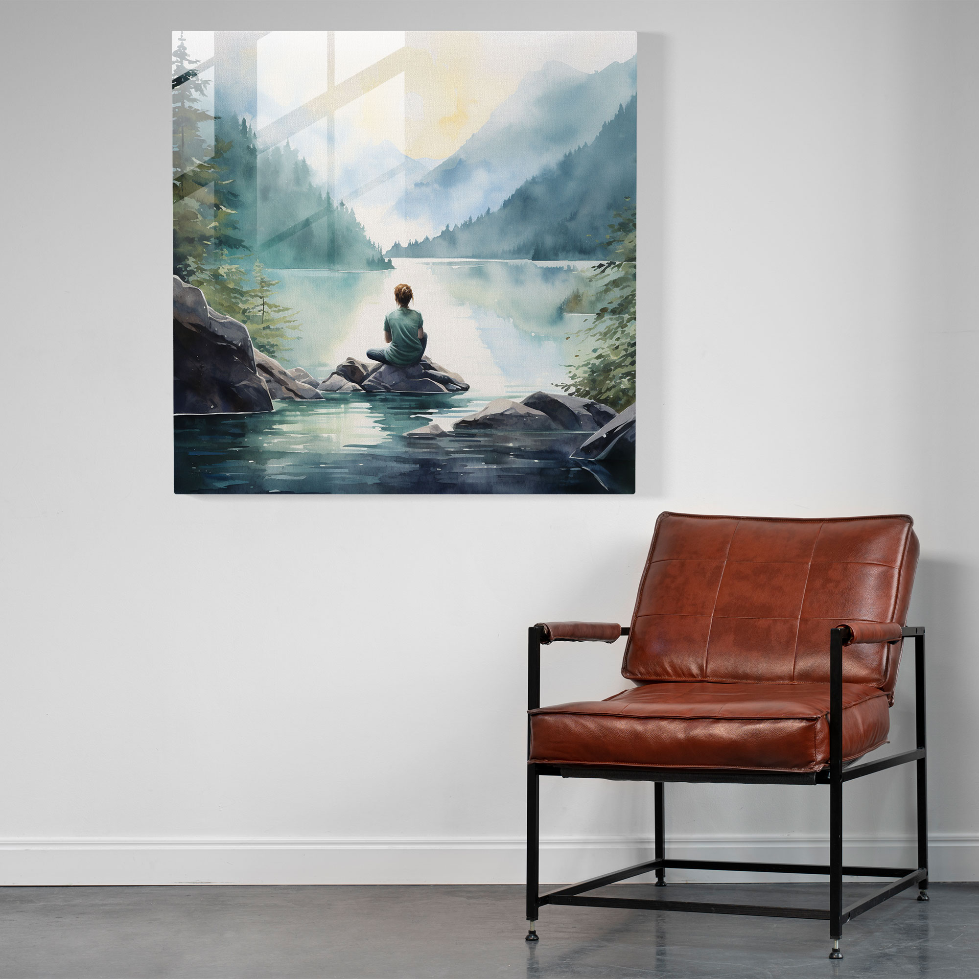Zen Tranquility Glass Print - Zen, Meditating Figure, Watercolor Painting, Modern Art