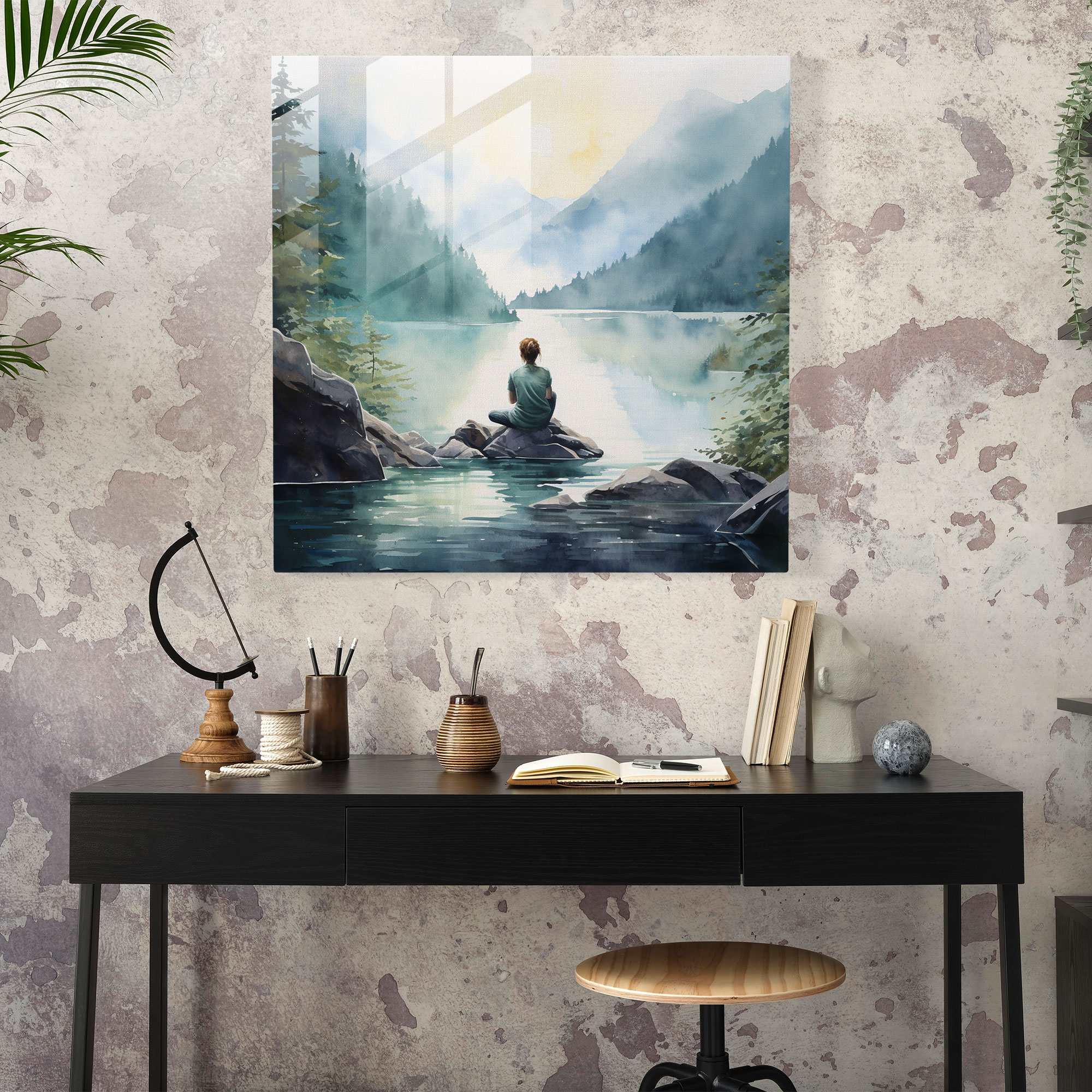 Zen Tranquility Glass Print - Zen, Meditating Figure, Watercolor Painting, Modern Art