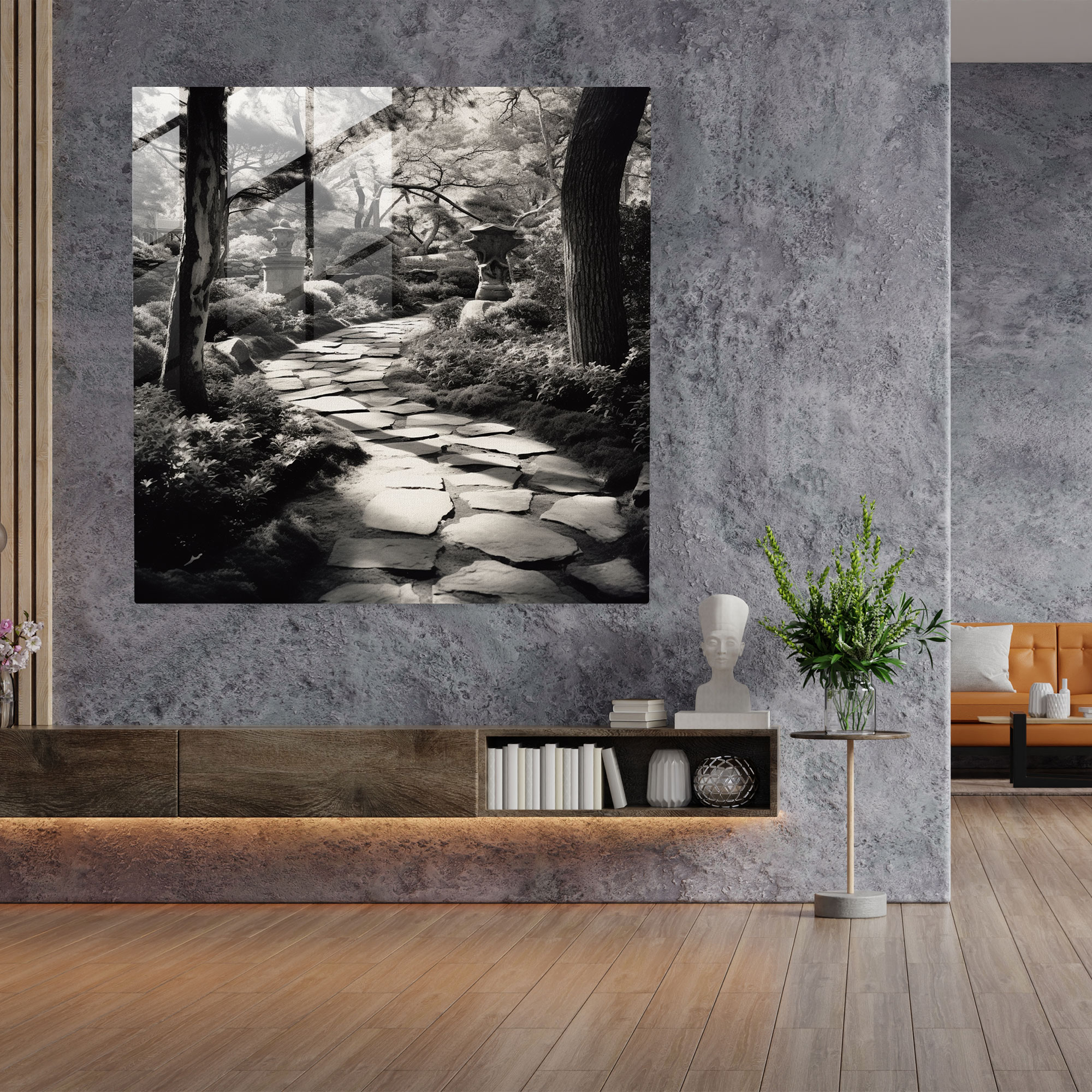 Zen Taş Yolu Cam Tablo - Siyah Beyaz Fotoğraf Duvar Dekorasyonu