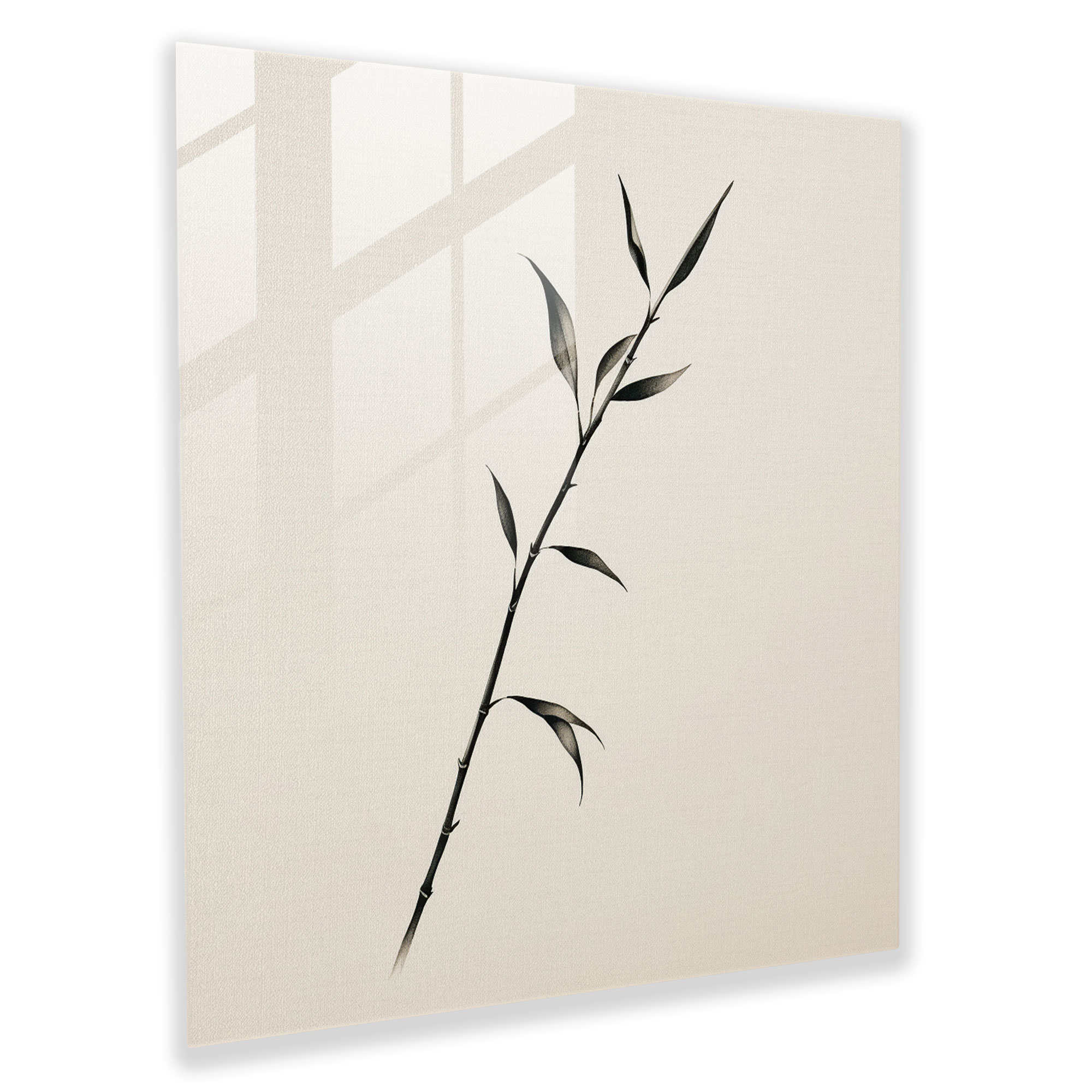 Zen Bambu Dalı Cam Tablo - Zen Cam Sanatı Huzurlu Minimalist Mürekkep Çizimi