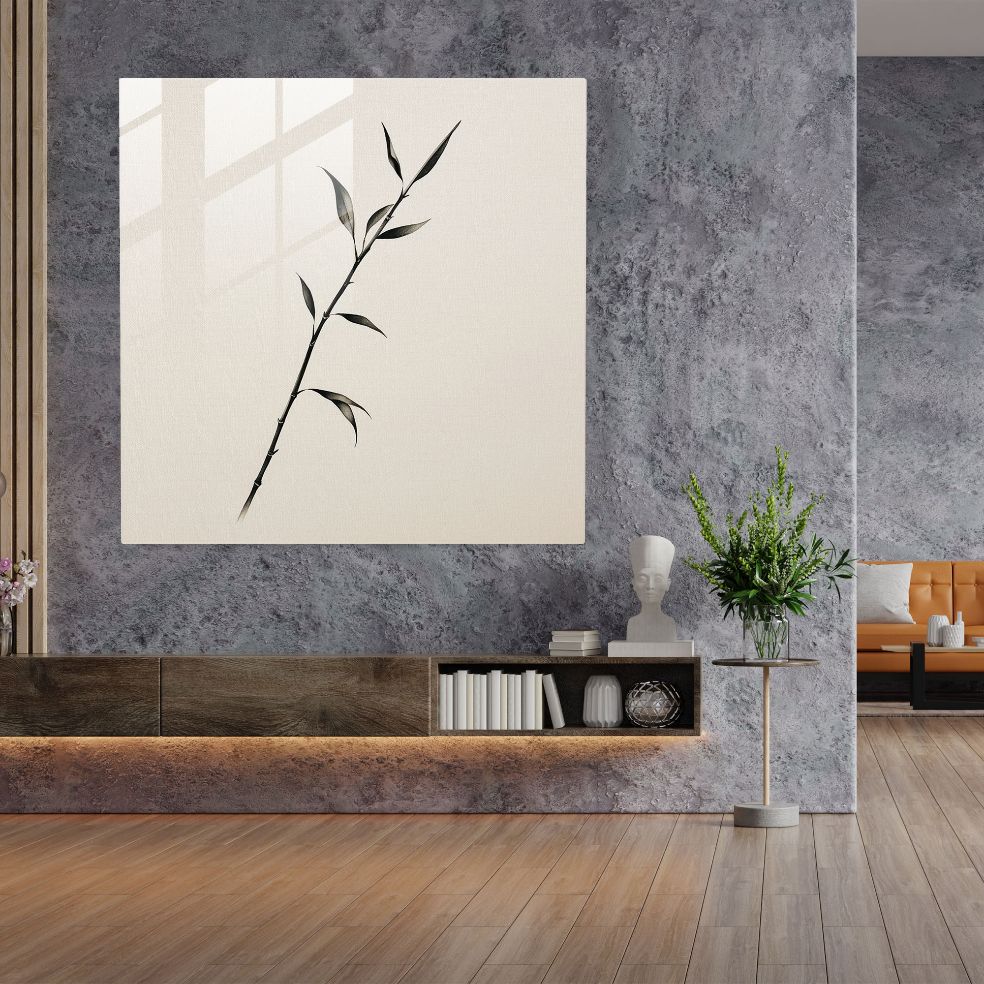 Zen Bambu Dalı Cam Tablo - Zen Cam Sanatı Huzurlu Minimalist Mürekkep Çizimi