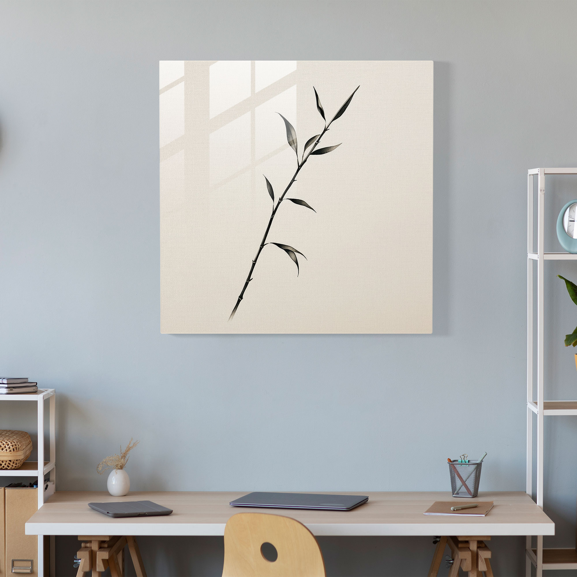 Zen Bambu Dalı Cam Tablo - Zen Cam Sanatı Huzurlu Minimalist Mürekkep Çizimi