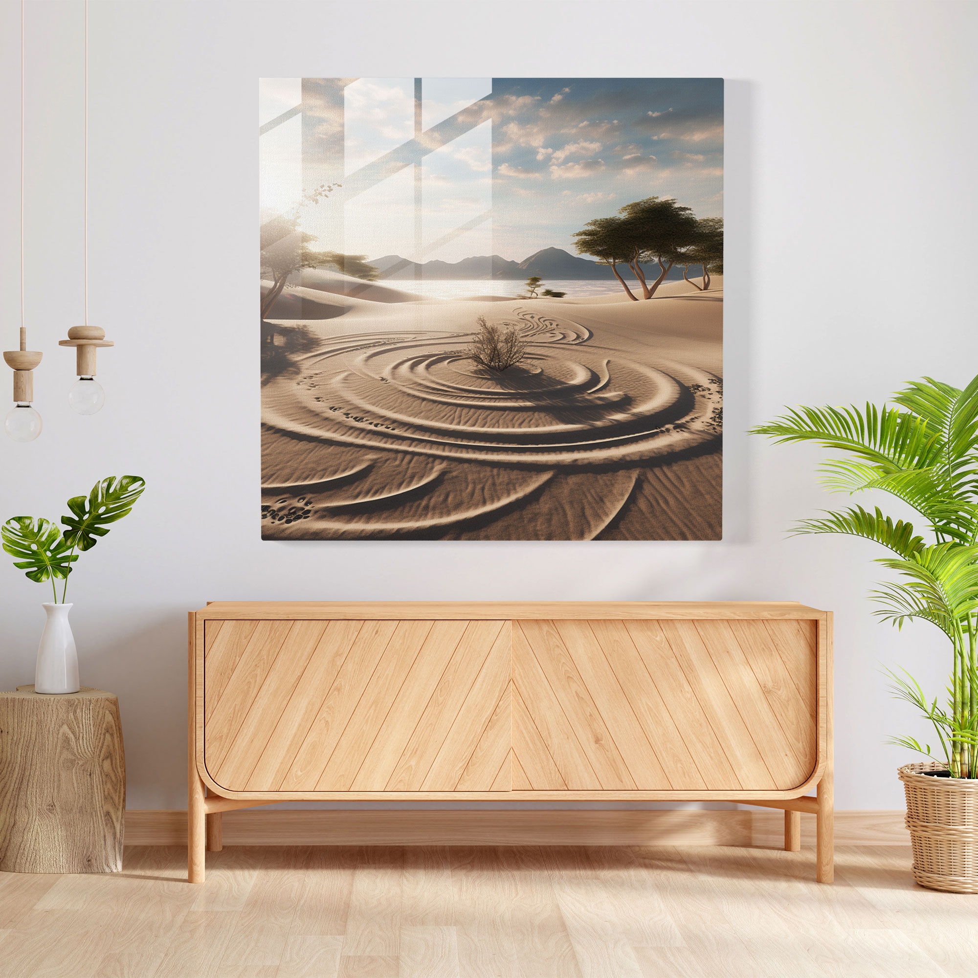 Zen Tarzı Tırmıklanmış Desenli Cam Tablo Baskı - Zen Cam Duvar Sanatı Büyüleyici Dijital Sanat Eseri
