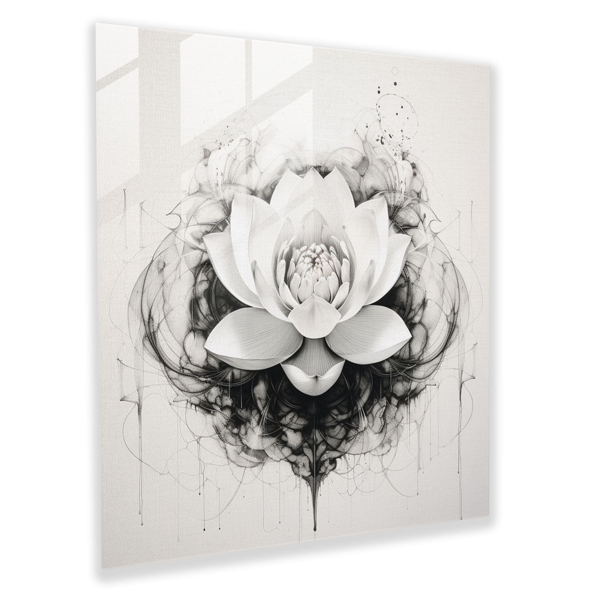 Zen Lotus Cam Tablo - Zen Cam Sanatı Monokrom Mürekkep Çizimi Duvar Dekorasyonu