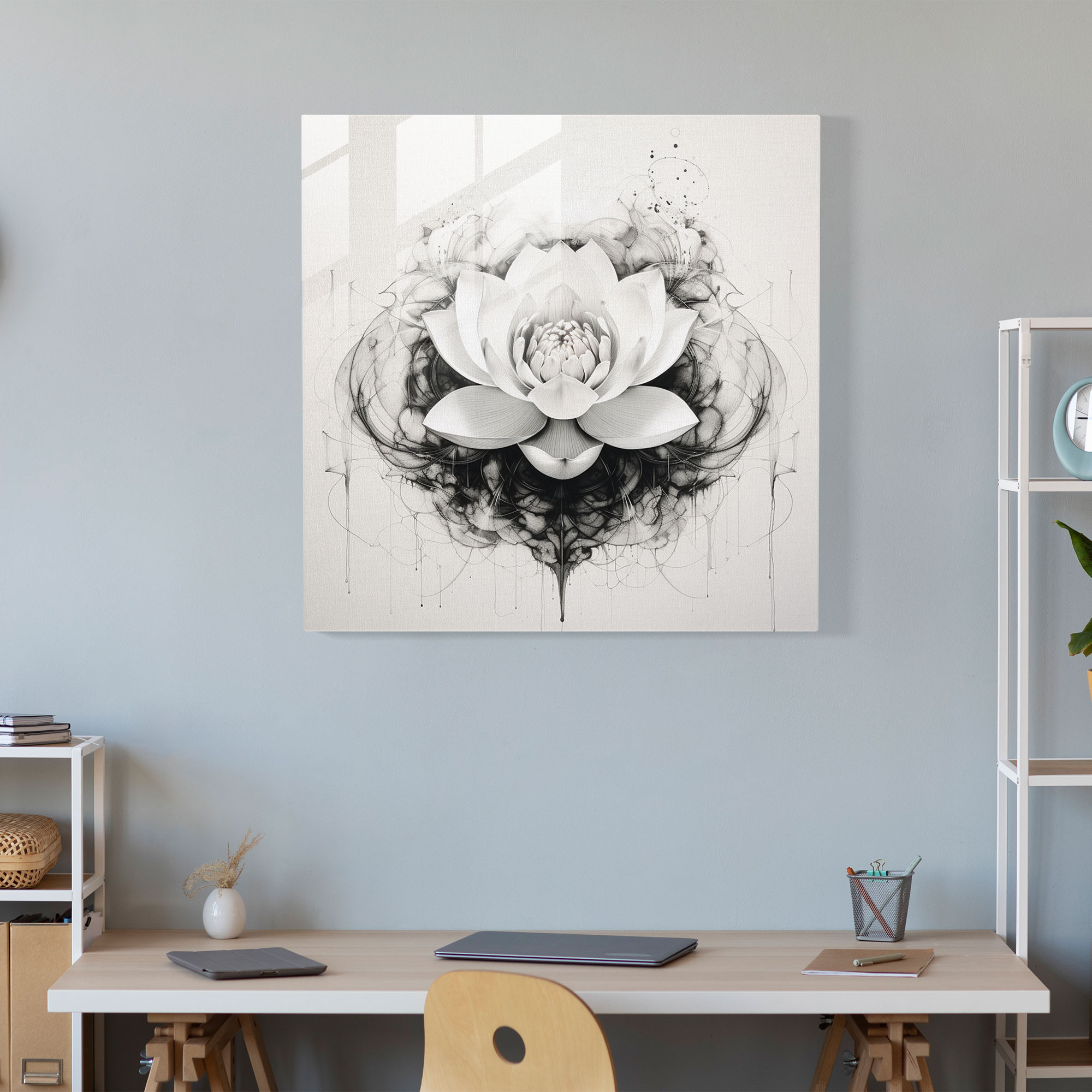 Zen Lotus Cam Tablo - Zen Cam Sanatı Monokrom Mürekkep Çizimi Duvar Dekorasyonu