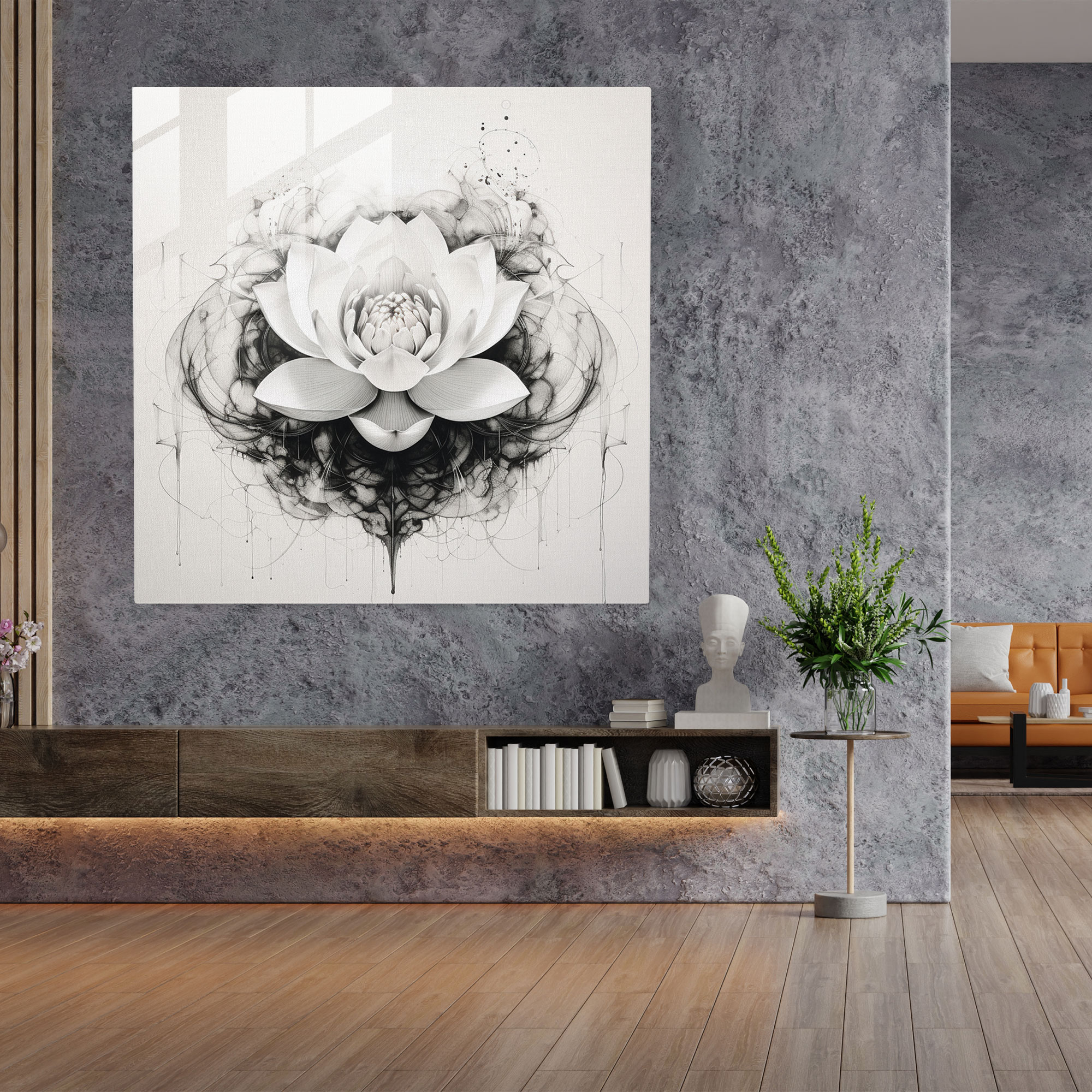 Zen Lotus Cam Tablo - Zen Cam Sanatı Monokrom Mürekkep Çizimi Duvar Dekorasyonu