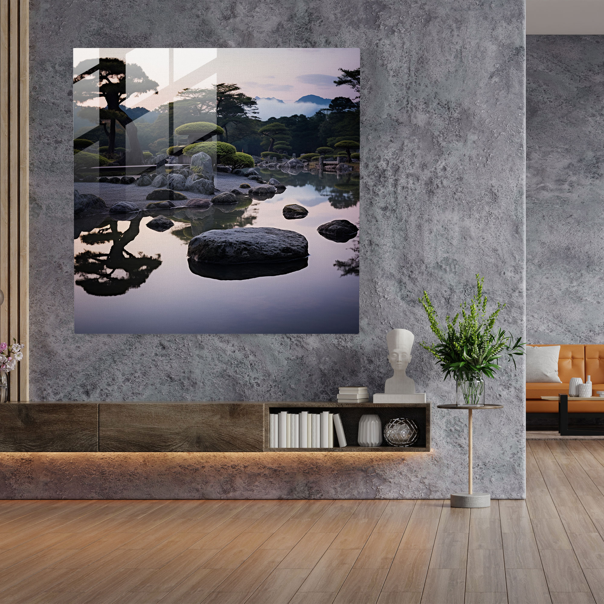 Zen Taş Bahçesi Cam Tablo - Zen Ev Dekorasyonu Duvar Dekorasyonu Japon Taş Bahçesi