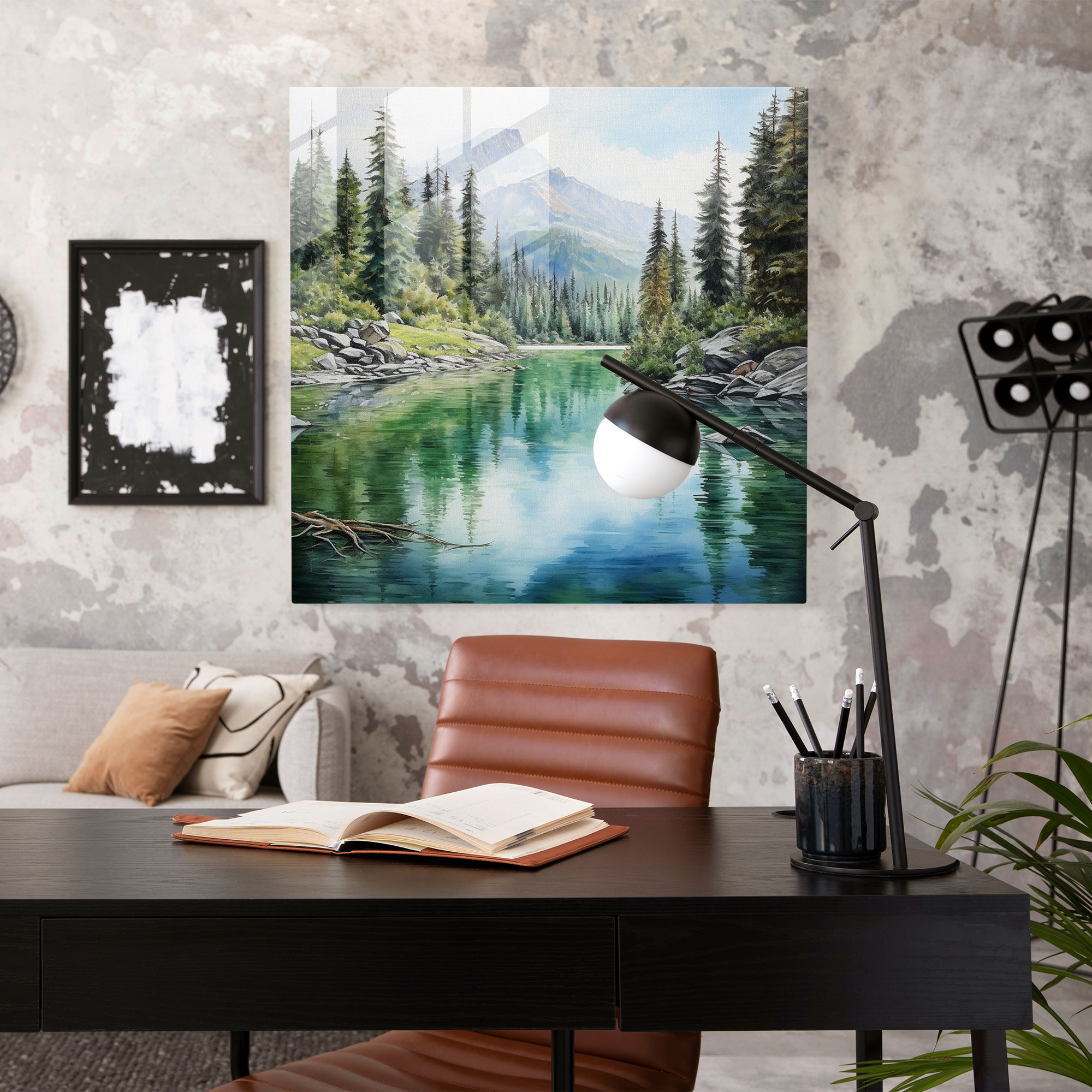 Zen Dağı Gölü Cam Tablo - Zen Modern Sanat Huzurlu Suluboya Tablo Cam Duvar Sanatı