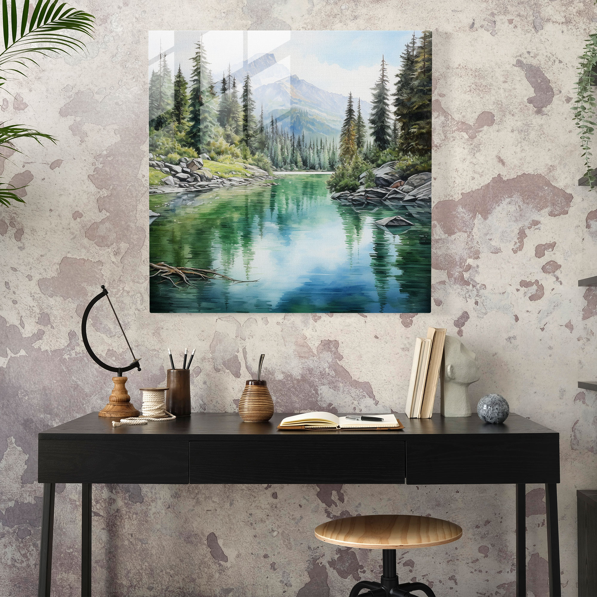 Zen Dağı Gölü Cam Tablo - Zen Modern Sanat Huzurlu Suluboya Tablo Cam Duvar Sanatı