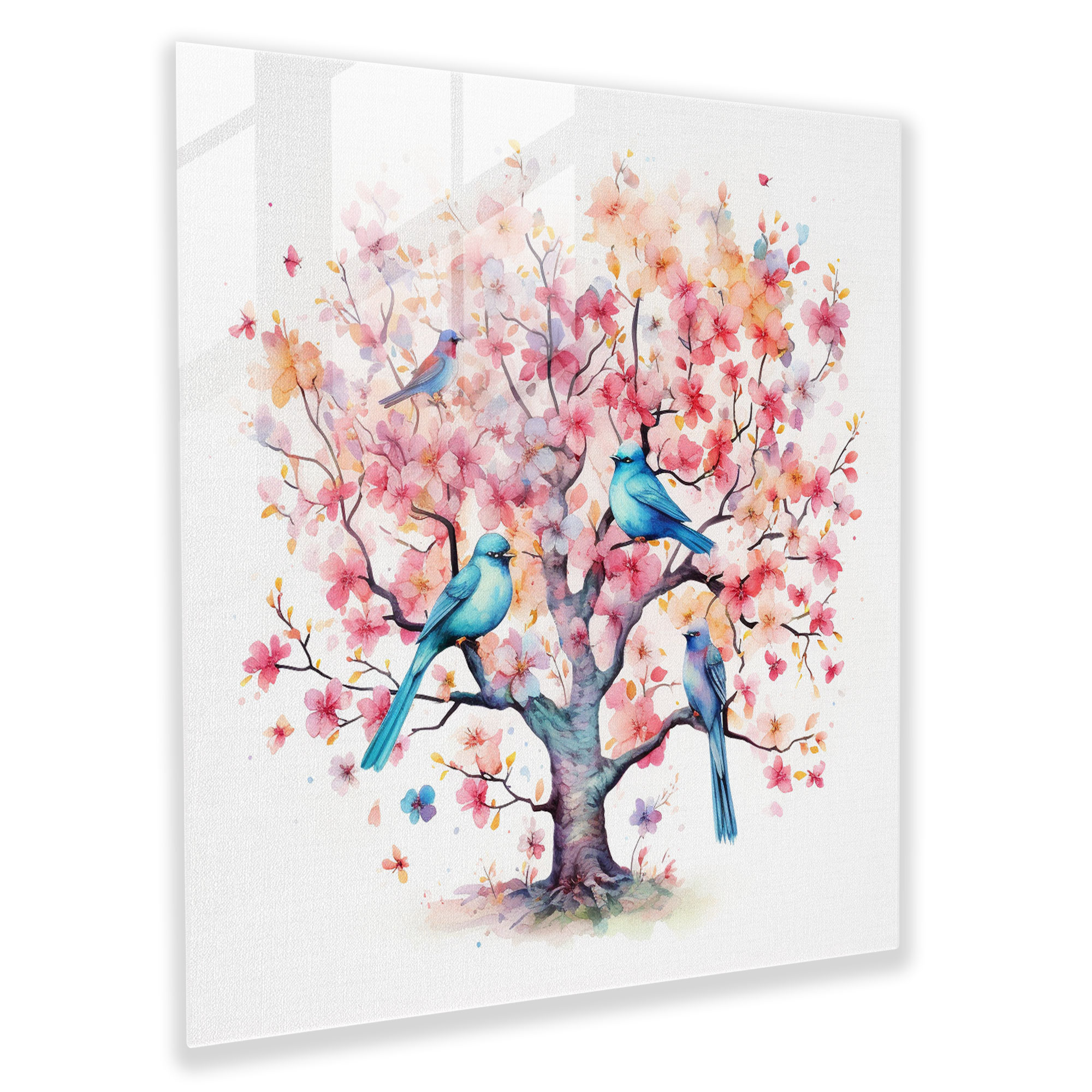 Zen Birds Glass Print - Zen, Glass Art, Whimsical Watercolor Illustration, Home Decoration
