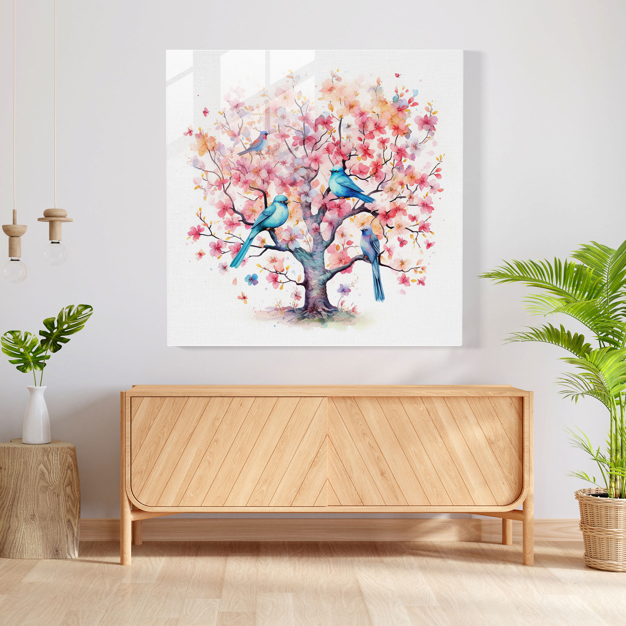 Zen Birds Glass Print - Zen, Glass Art, Whimsical Watercolor Illustration, Home Decoration