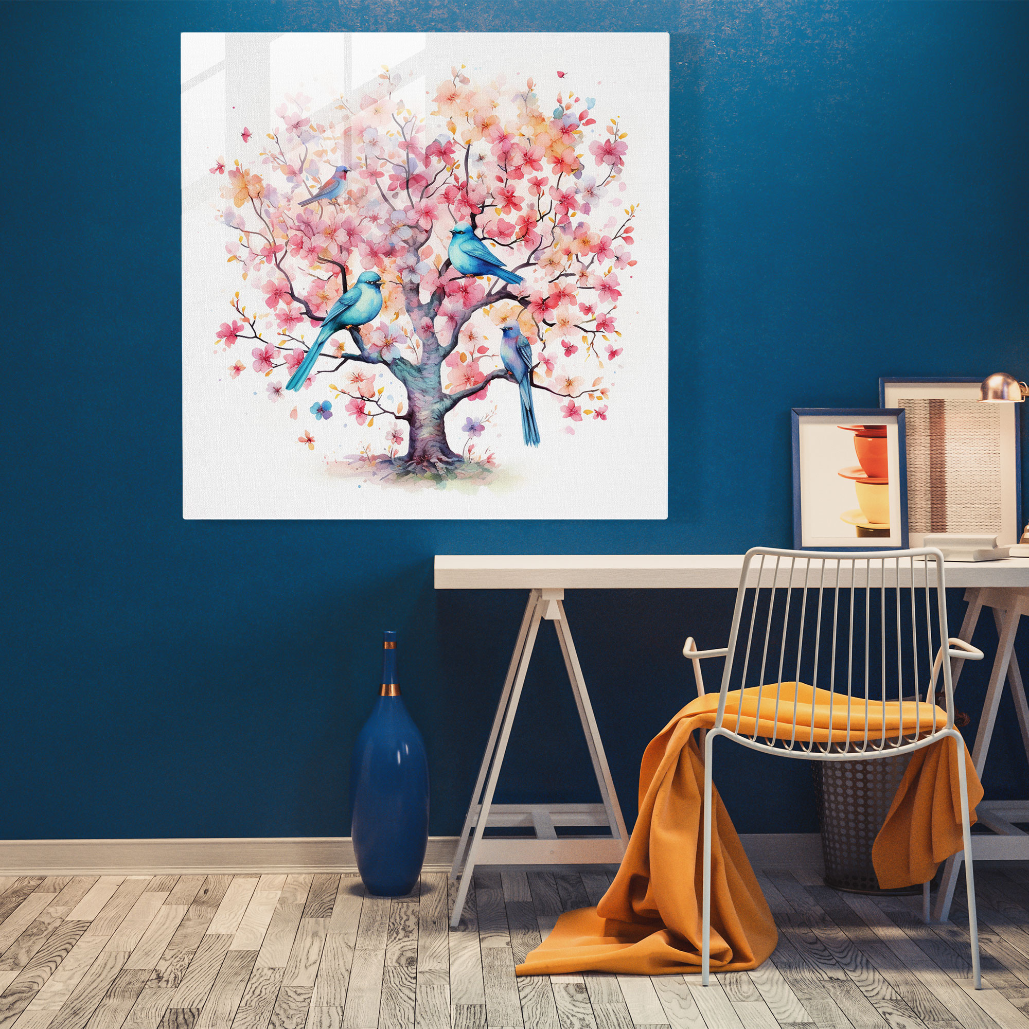 Zen Birds Glass Print - Zen, Glass Art, Whimsical Watercolor Illustration, Home Decoration